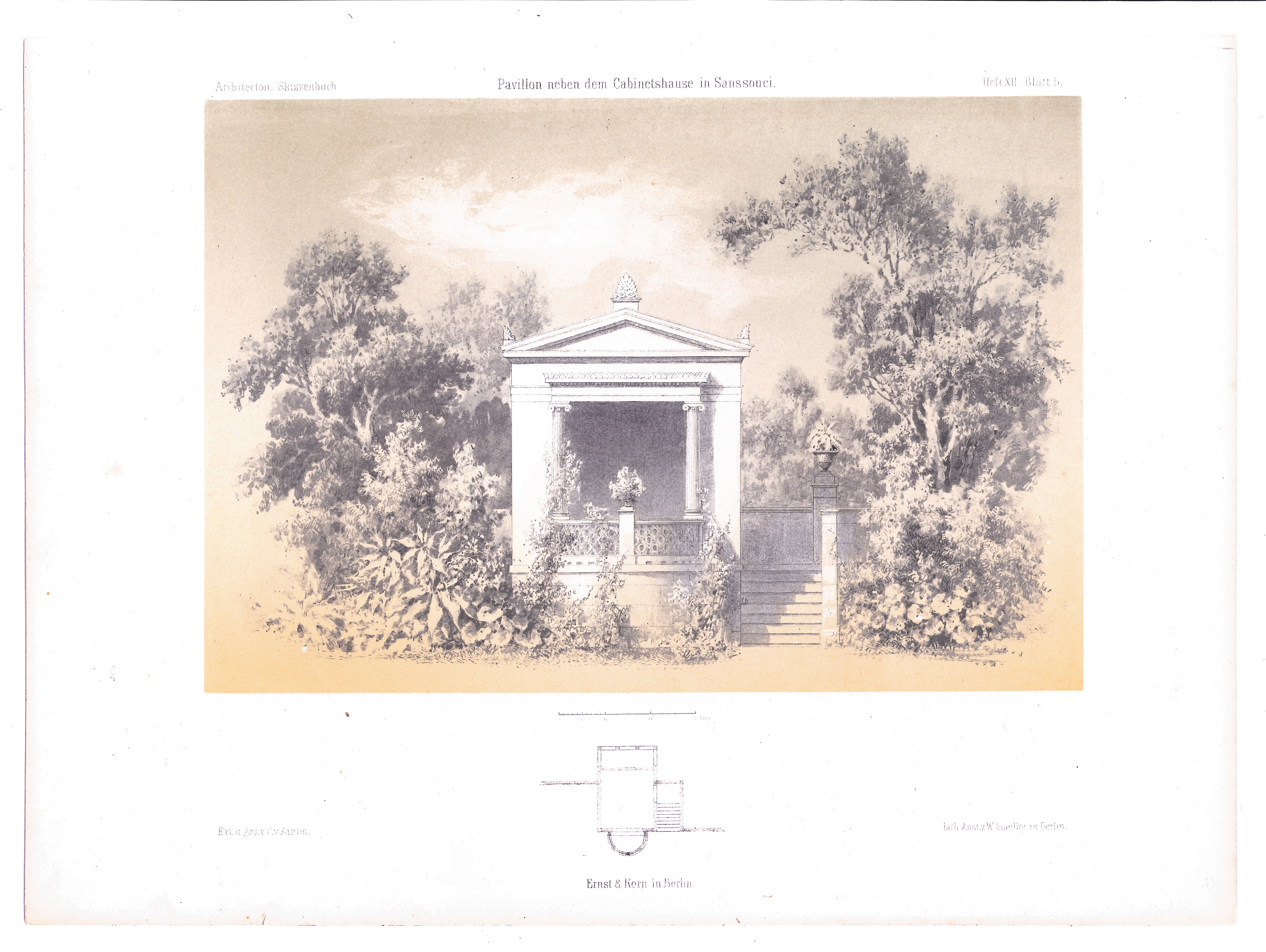 Pavillon neben dem Kabinetthaus in Sanssouci (Architectonisches Skizzenbuch - 1853, Heft XII, Bl. 5) (Stiftung Fürst-Pückler-Museum Park und Schloss Branitz Public Domain Mark)