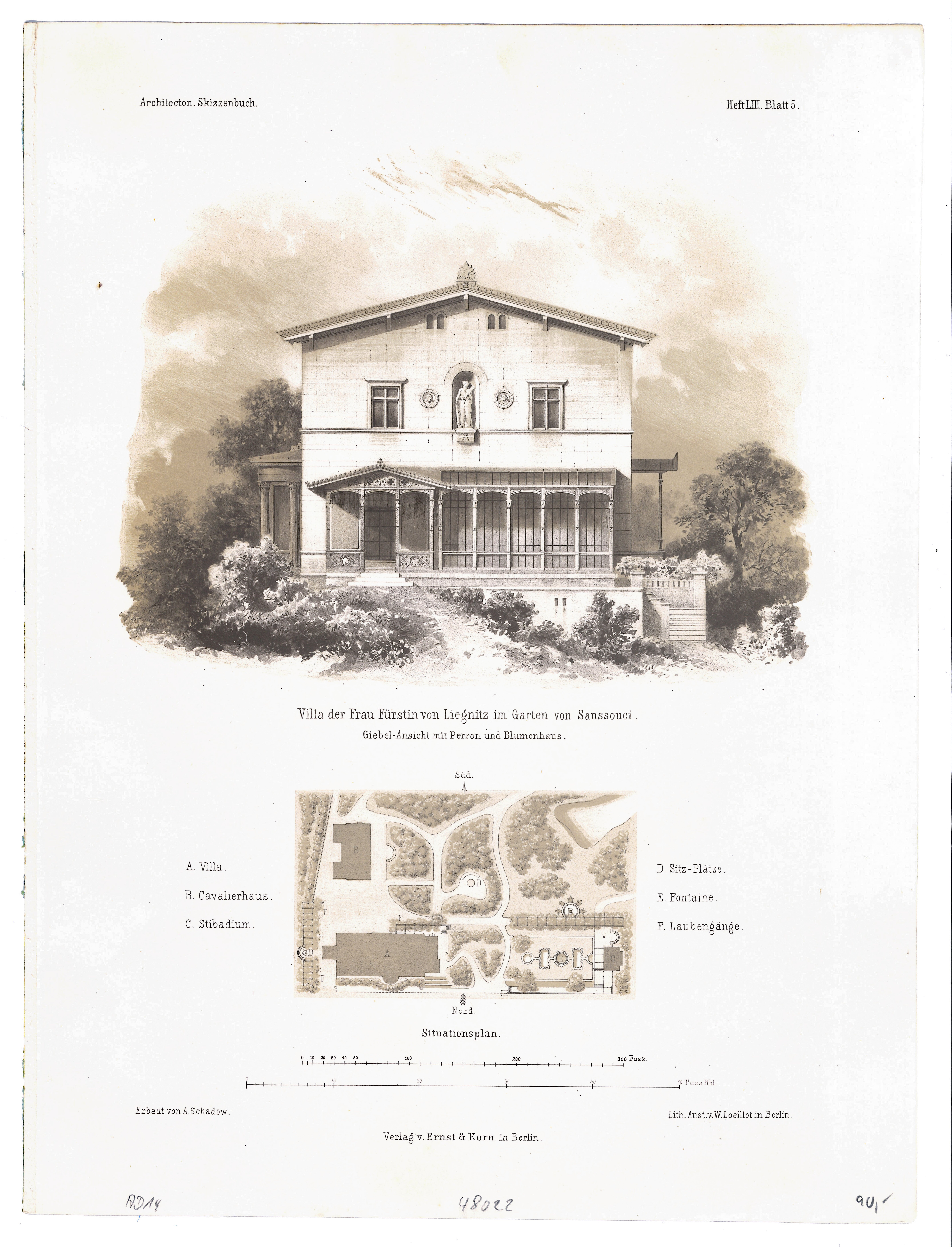 Villa Liegnitz in Sanssouci (Architectonisches Skizzenbuch - 1863, Heft LIII, Bl. 5) (Stiftung Fürst-Pückler-Museum Park und Schloss Branitz Public Domain Mark)