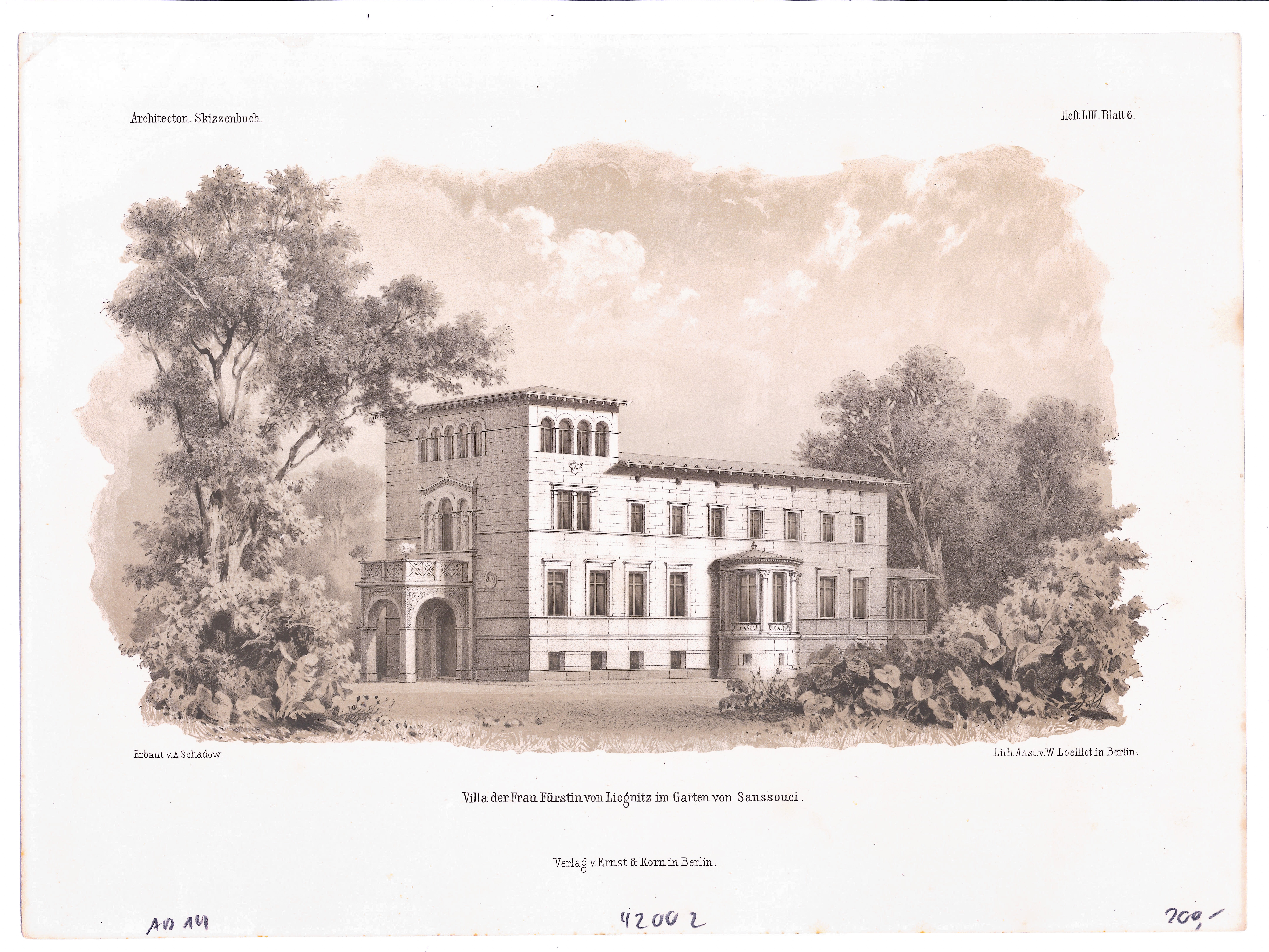Villa Liegnitz in Sanssouci (Architectonisches Skizzenbuch - 1865, Heft LIII, Bl. 6) (Stiftung Fürst-Pückler-Museum Park und Schloss Branitz Public Domain Mark)