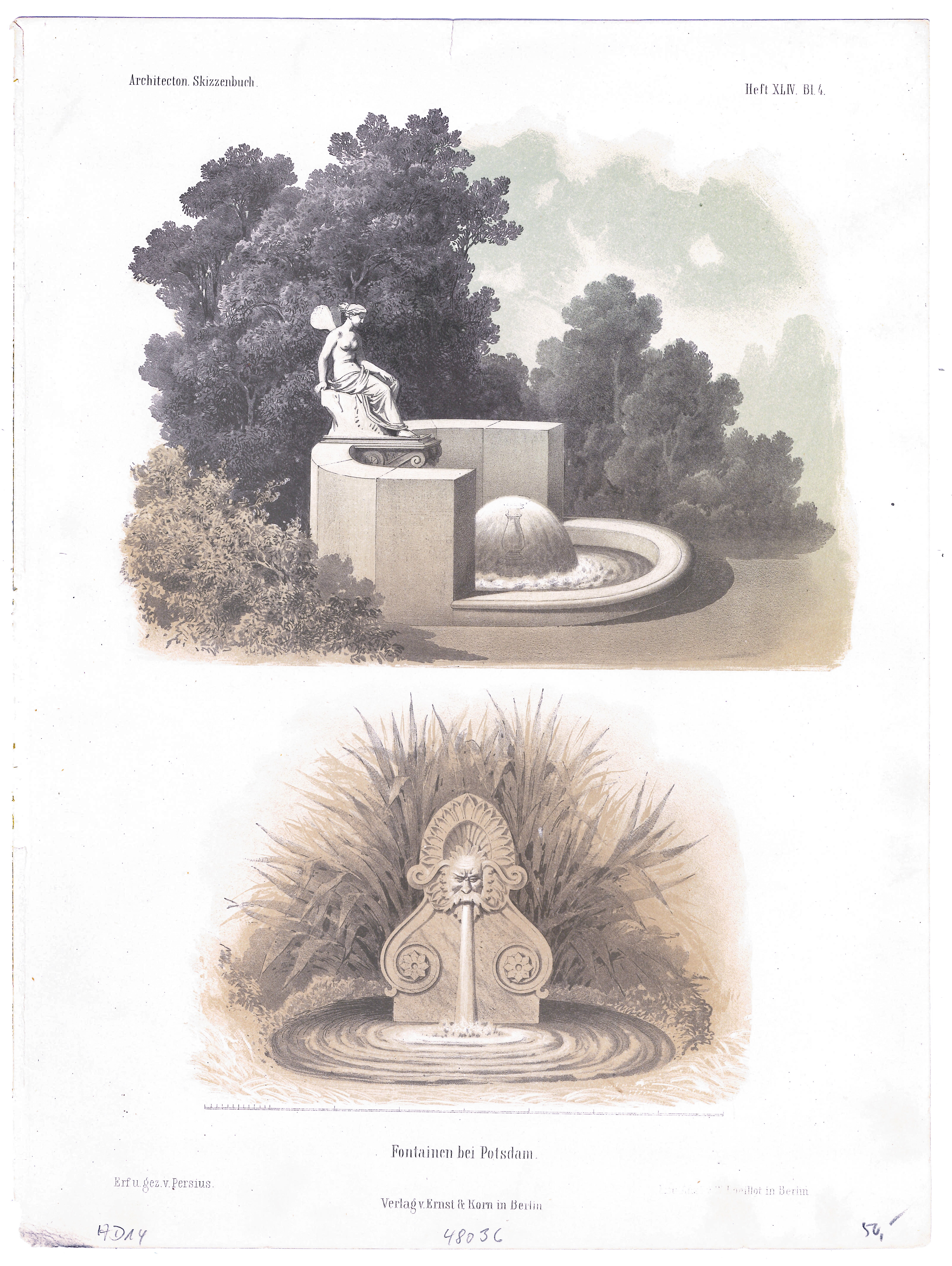 Fontainen bei Potsdam (Architectonisches Skizzenbuch - 1869, Heft XLIV, Bl. 4) (Stiftung Fürst-Pückler-Museum Park und Schloss Branitz Public Domain Mark)