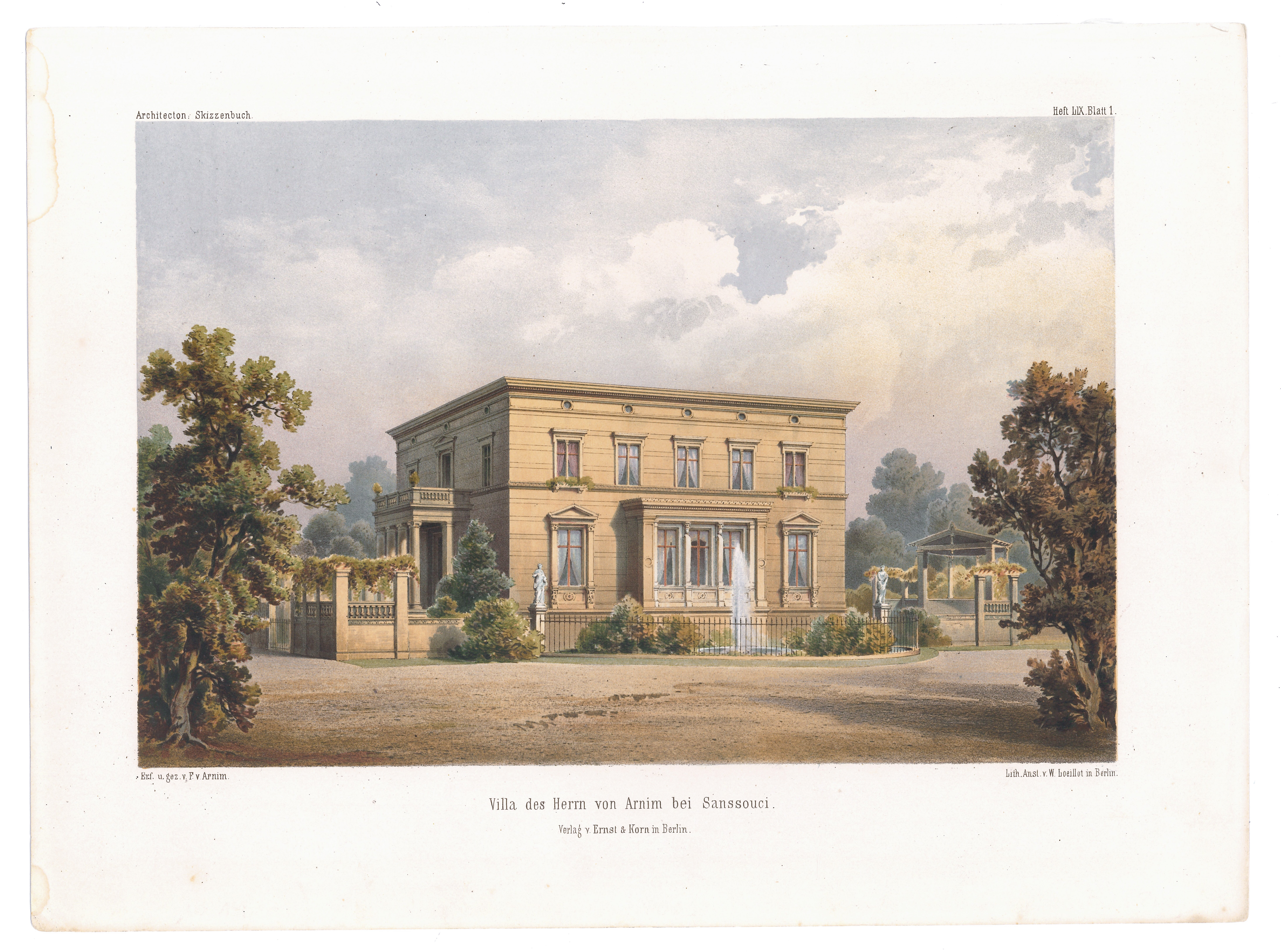 Villa Arnim bei Sanssouci (Architectonisches Skizzenbuch - 1863, Heft LIX, Bl. 1) (Stiftung Fürst-Pückler-Museum Park und Schloss Branitz Public Domain Mark)