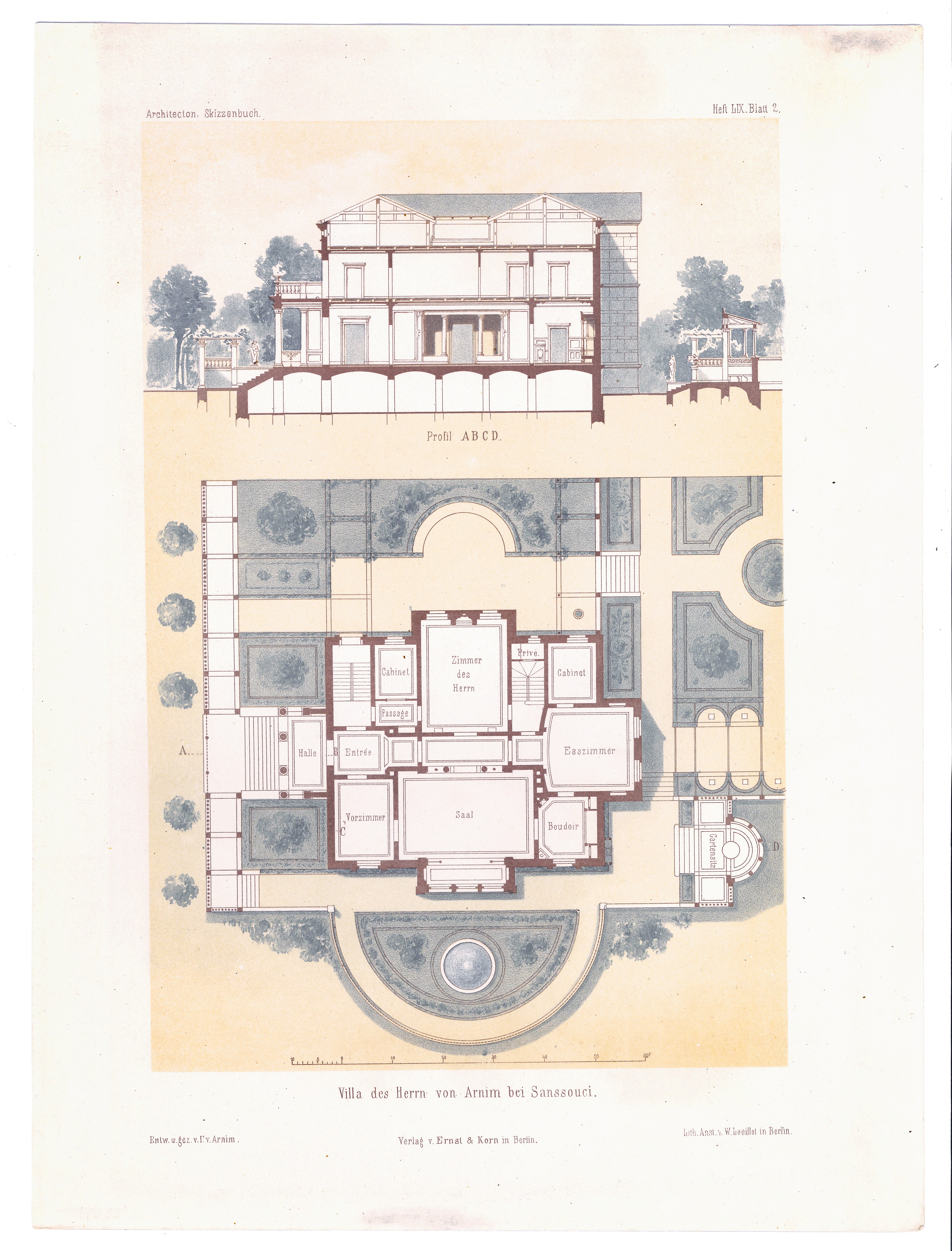 Villa Arnim bei Sanssouci (Architectonisches Skizzenbuch - 1863, Heft LIX, Bl. 2) (Stiftung Fürst-Pückler-Museum Park und Schloss Branitz Public Domain Mark)