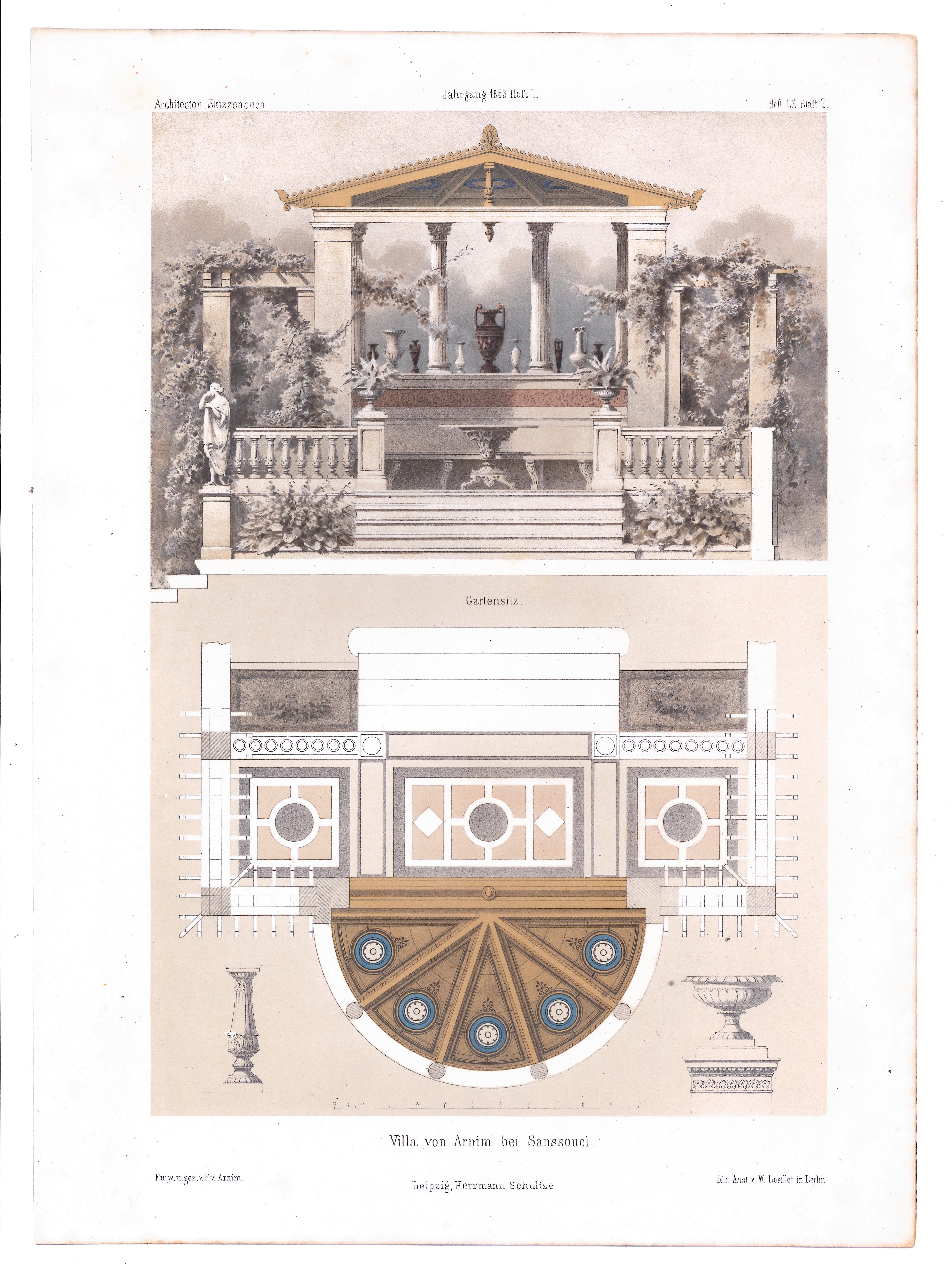 Villa Arnim bei Sanssouci (Architectonisches Skizzenbuch - Heft LX, Blatt 2) (Stiftung Fürst-Pückler-Museum Park und Schloss Branitz Public Domain Mark)