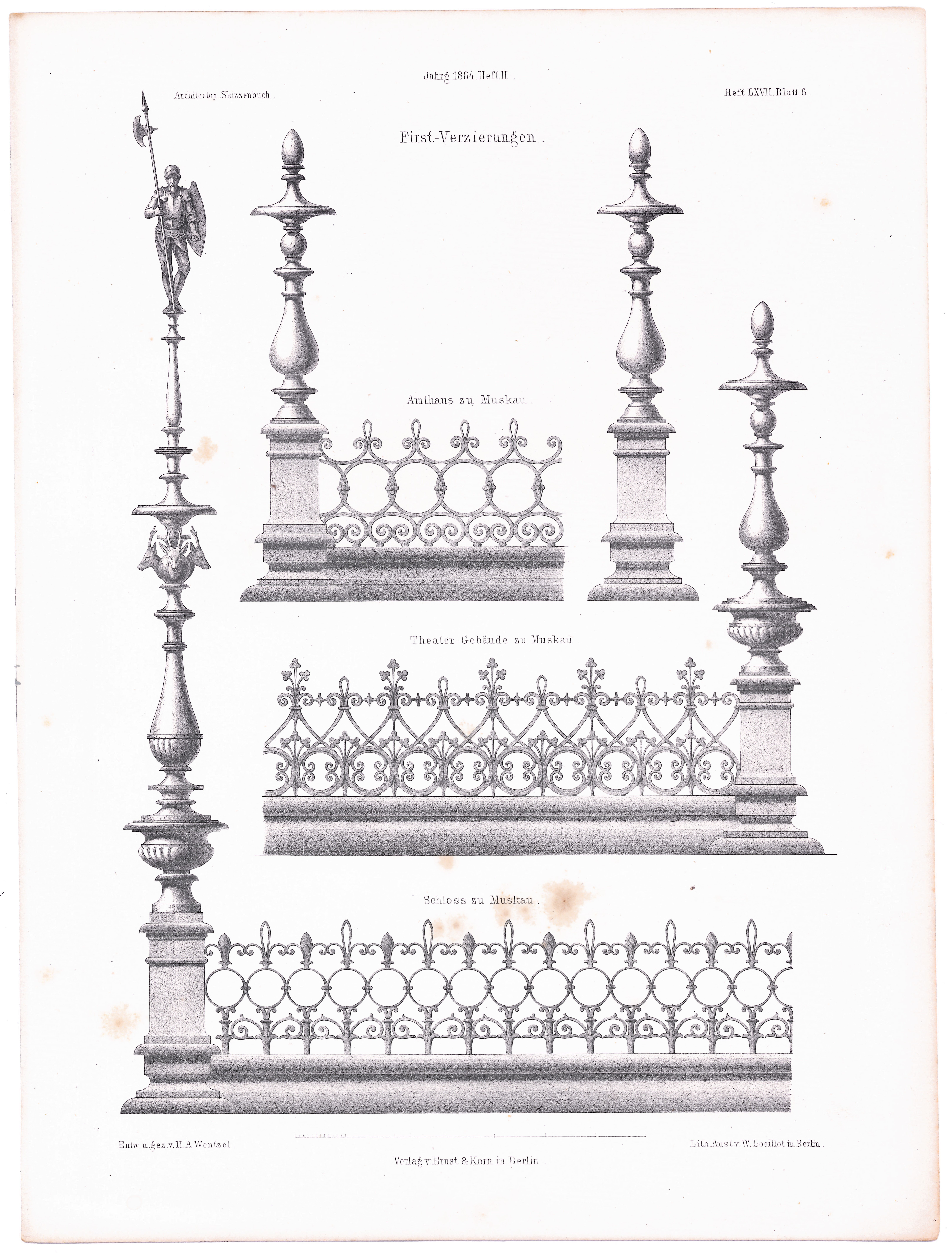Firstverzierungen in Muskau (Architectonisches Skizzenbuch - Jgh. 1864, Heft II, Heft LXVII, Bl.6) (Stiftung Fürst-Pückler-Museum Park und Schloss Branitz Public Domain Mark)
