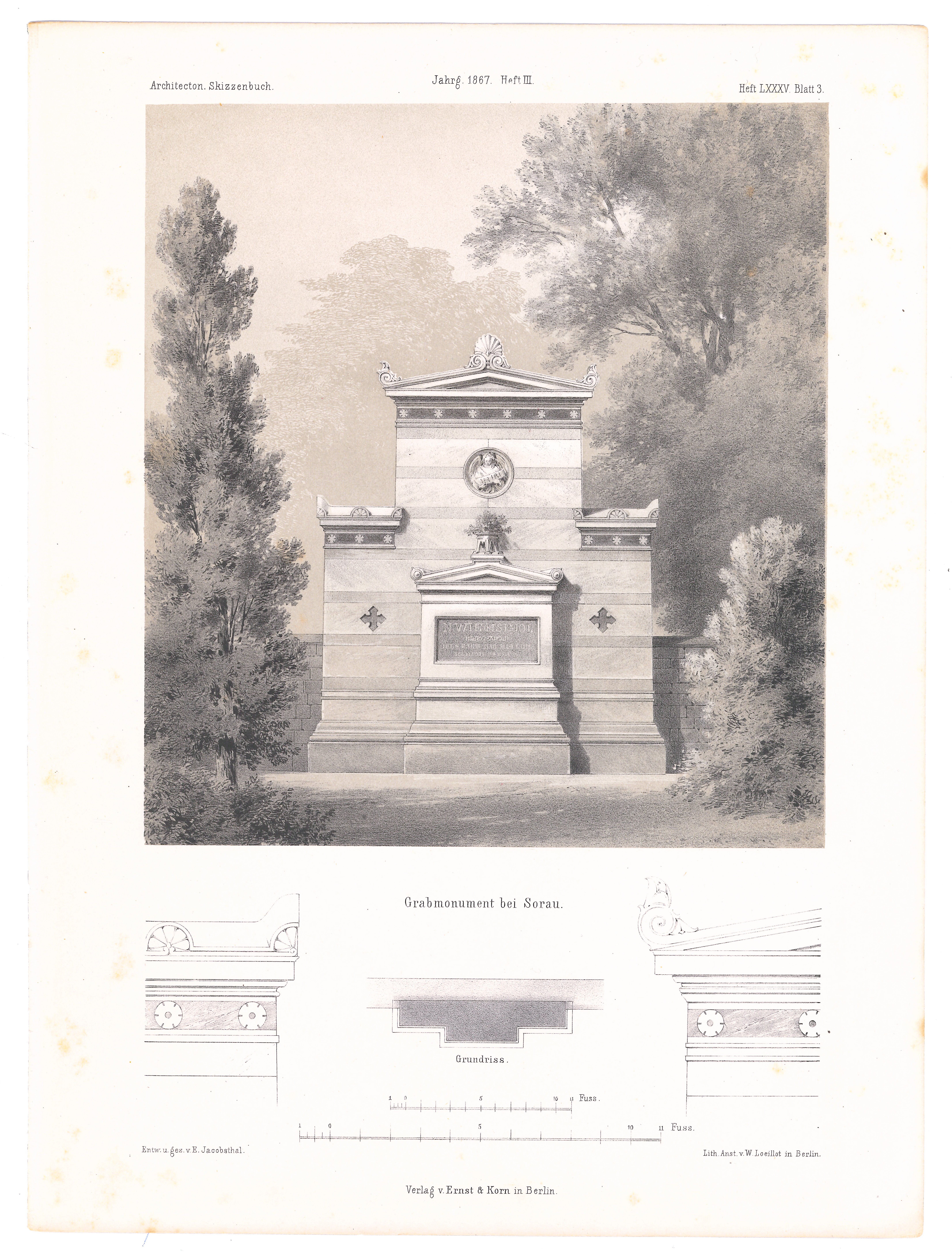 Grabmonument bei Sorau (Architectonisches Skizzenbuch - Jgh. 1867, Heft III, Heft LXXXV, Bl. 3) (Stiftung Fürst-Pückler-Museum Park und Schloss Branitz Public Domain Mark)
