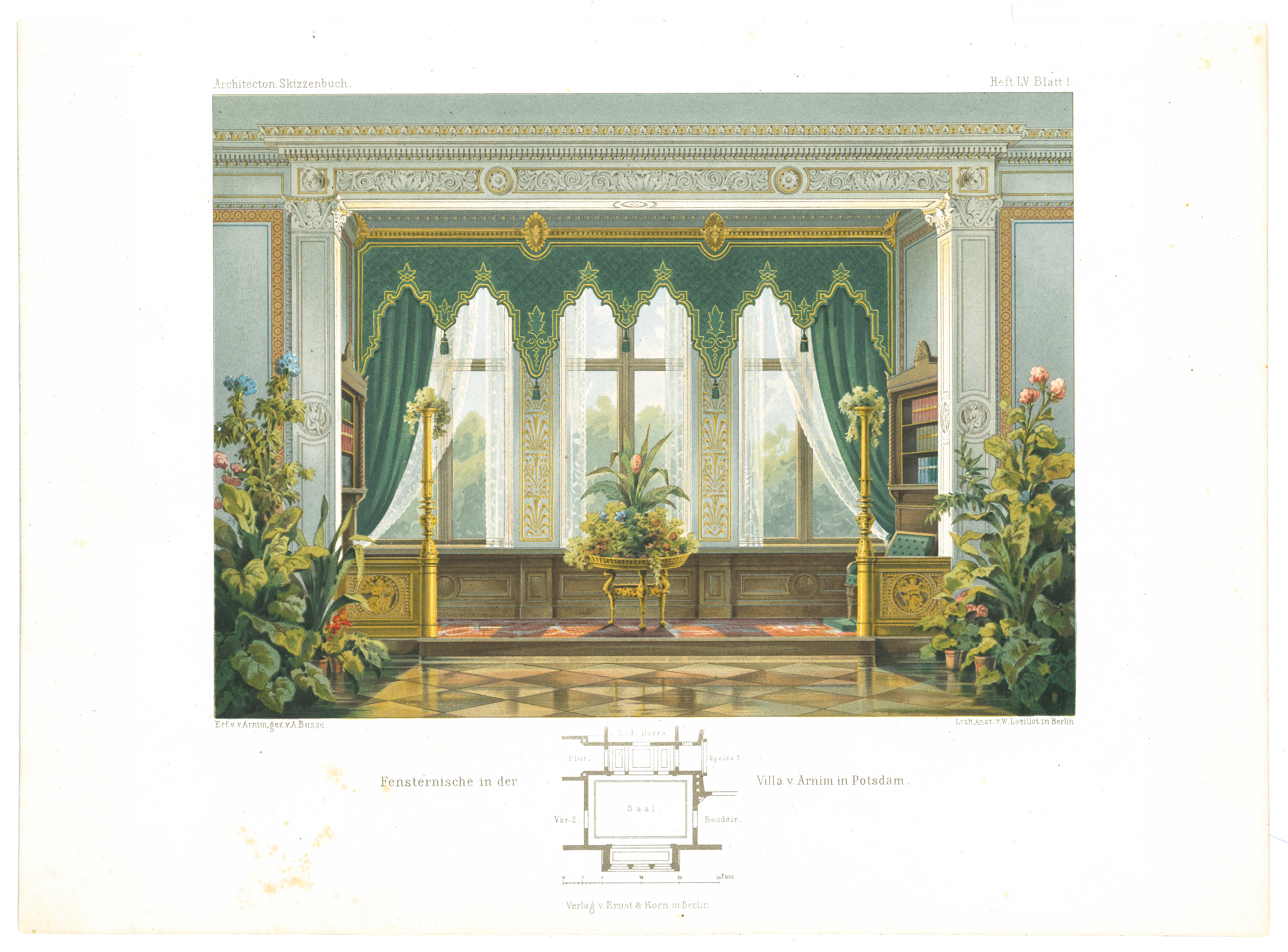 Fensternische in der Villa von Arnim in Potsdam (Architectonisches Skizzenbuch, 1862, Heft LV, Blatt 1) (Stiftung Fürst-Pückler-Museum Park und Schloss Branitz Public Domain Mark)