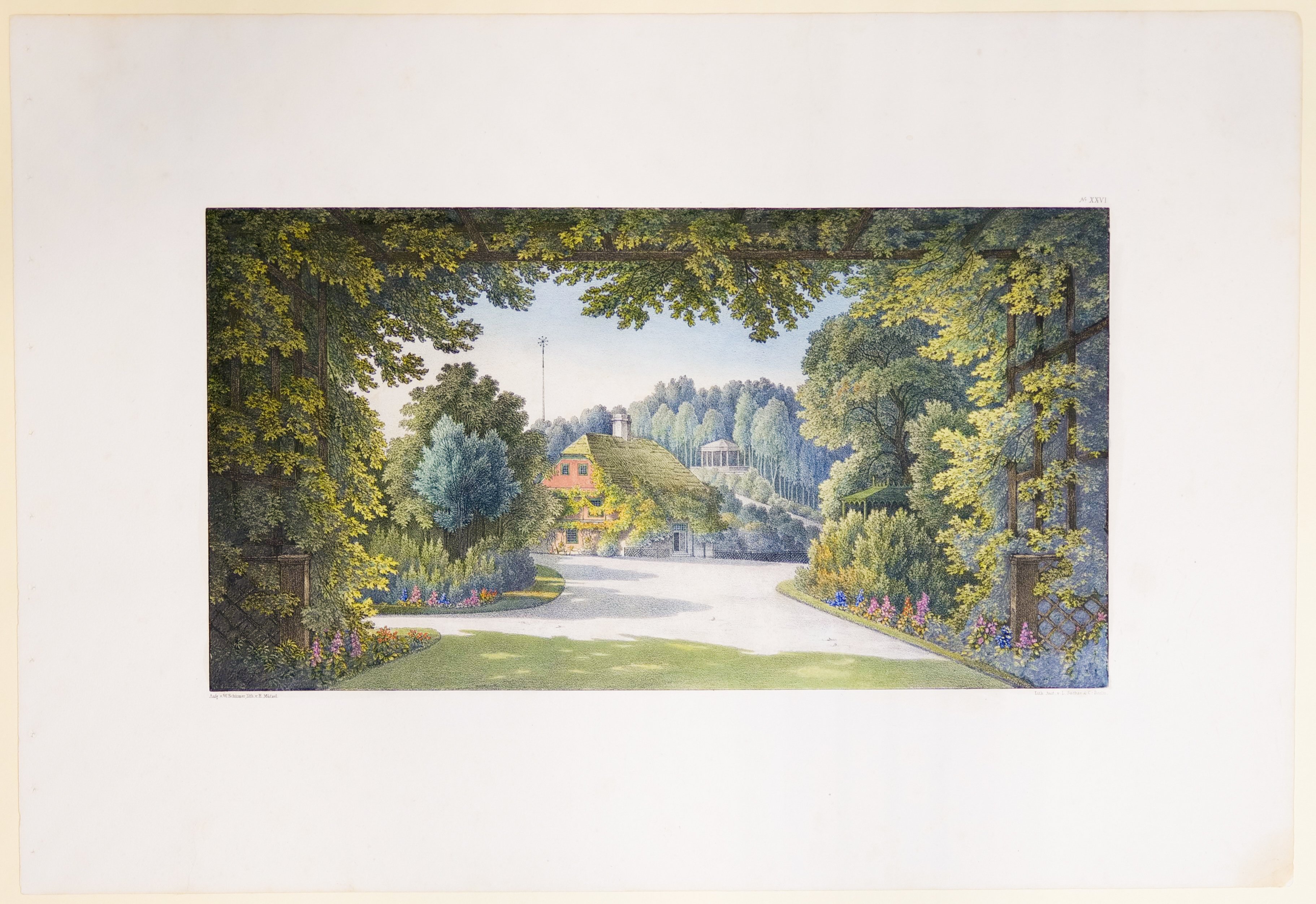 Farblithografie Ansicht des englischen Hauses Tafel XXVI der "Andeutungen über Landschaftsgärtnerei" (Stiftung Fürst-Pückler-Museum Park und Schloss Branitz Public Domain Mark)