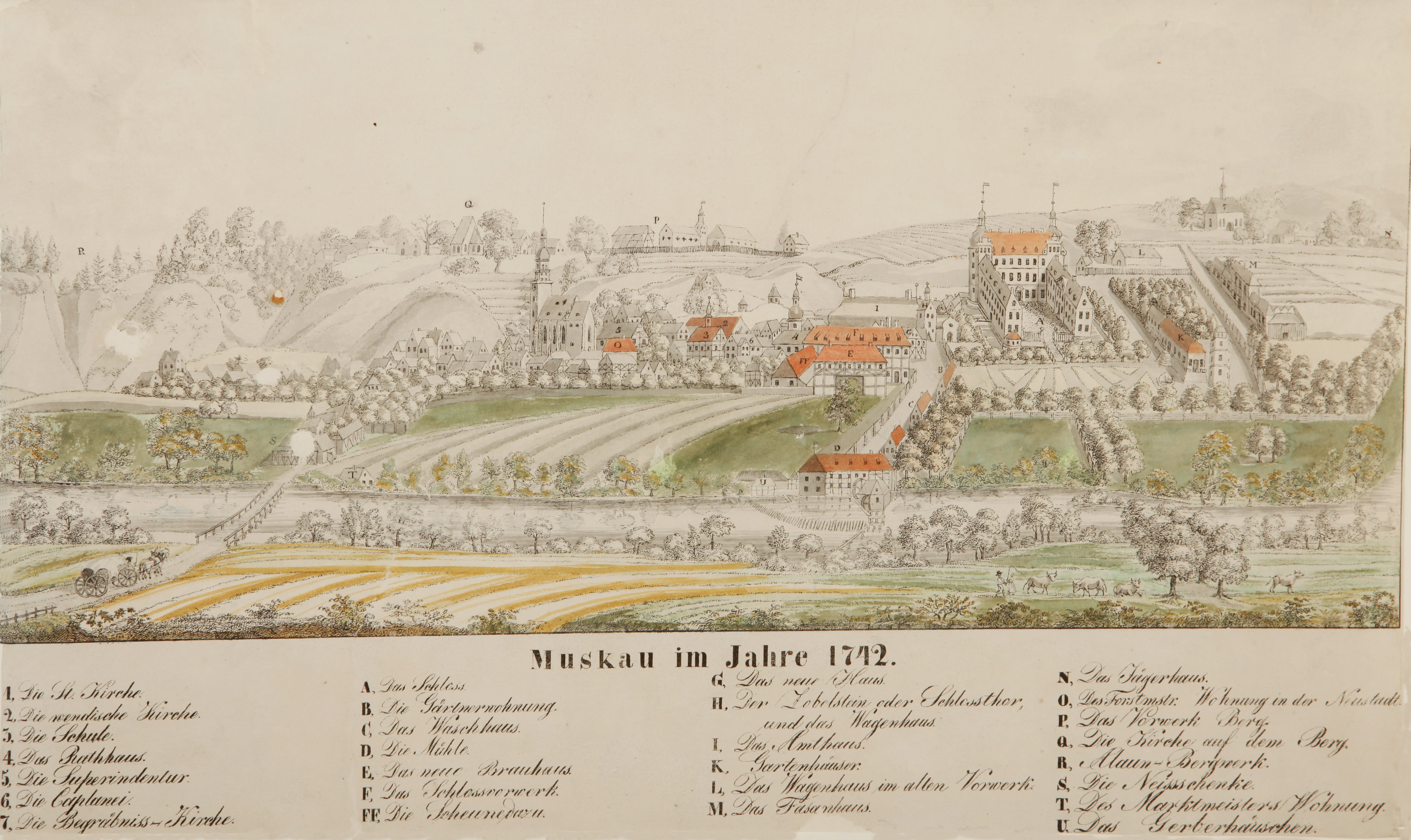 Muskau im Jahre 1742 (Stiftung Fürst-Pückler-Museum Park und Schloss Branitz CC BY-NC-SA)