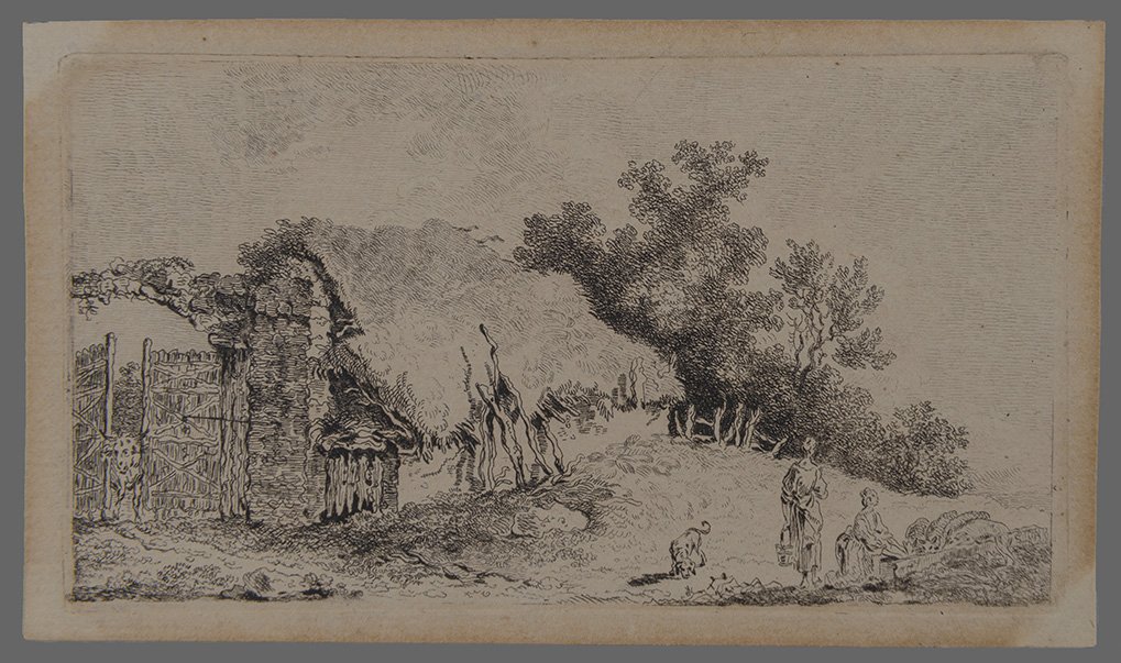 Abb. 1 Vorderseite vor der Reinigung, Hackert, Jakob Philipp: Haus mit Bäuerinnen und Tieren, 1766/67 (Dominikanerkloster Prenzlau CC BY-NC)