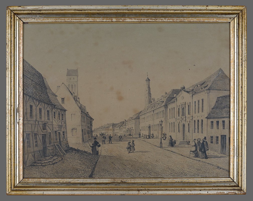 Abb. 1 Vorderseite gerahmt, Kannengieser, Louise: Ansicht der Klosterstraße in Prenzlau, um 1860 (Dominikanerkloster Prenzlau CC BY-NC)
