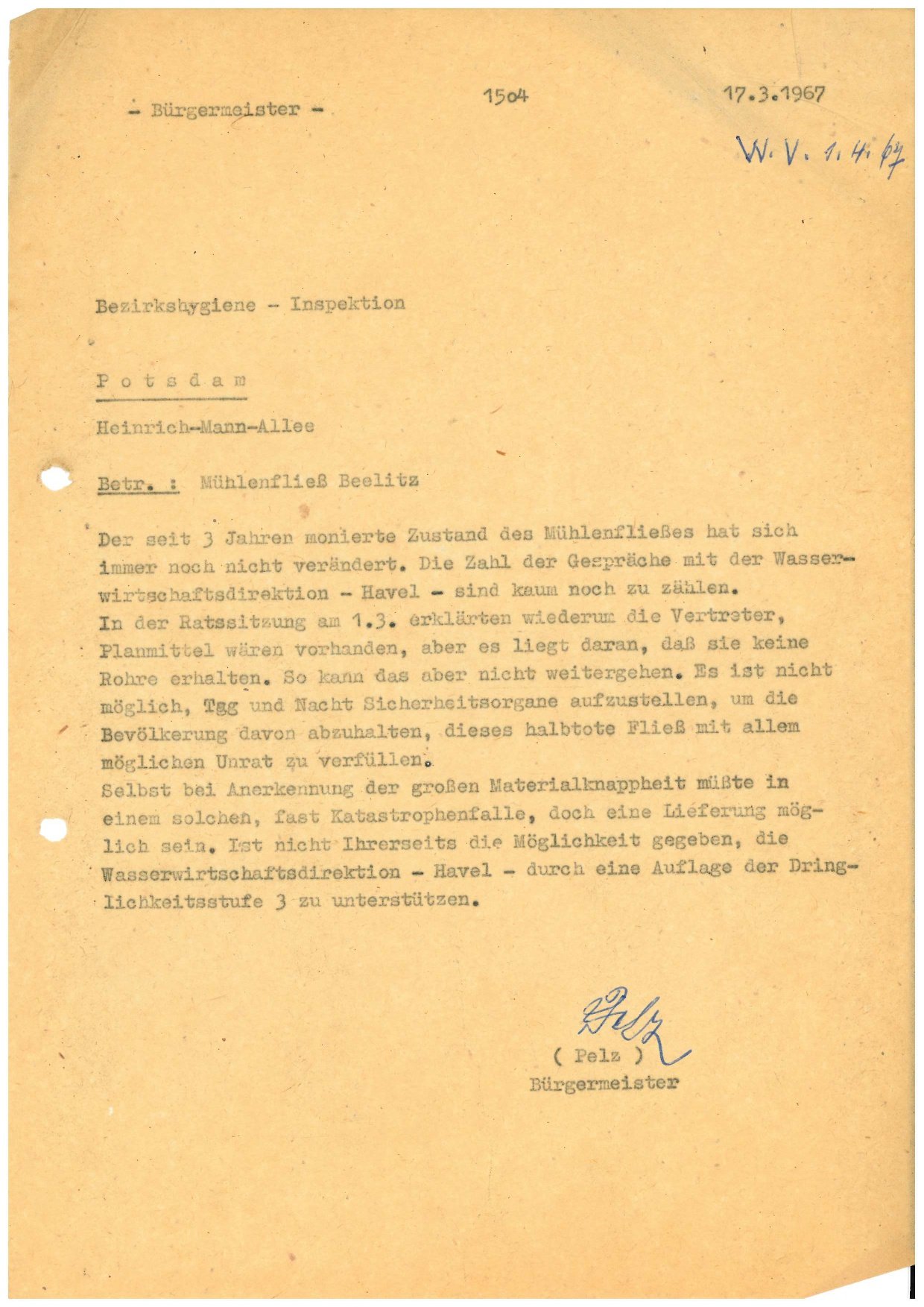 Schreiben zur Verrohrung des Mühlenfließes (Alte Posthalterei - Museum Beelitz CC BY-NC-SA)