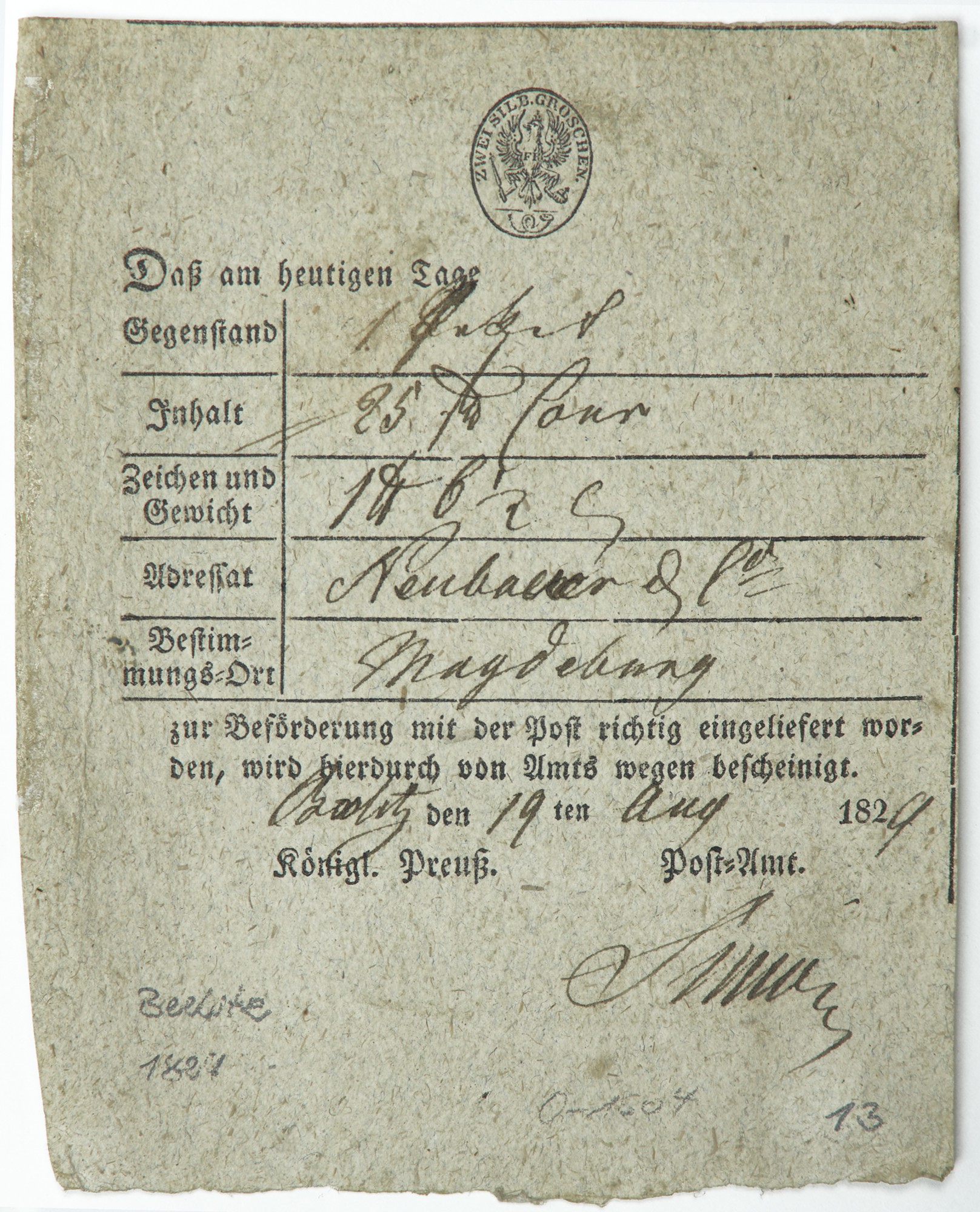 Einlieferungsschein eines Wertpaketes (Alte Posthalterei - Museum Beelitz CC BY-NC-SA)