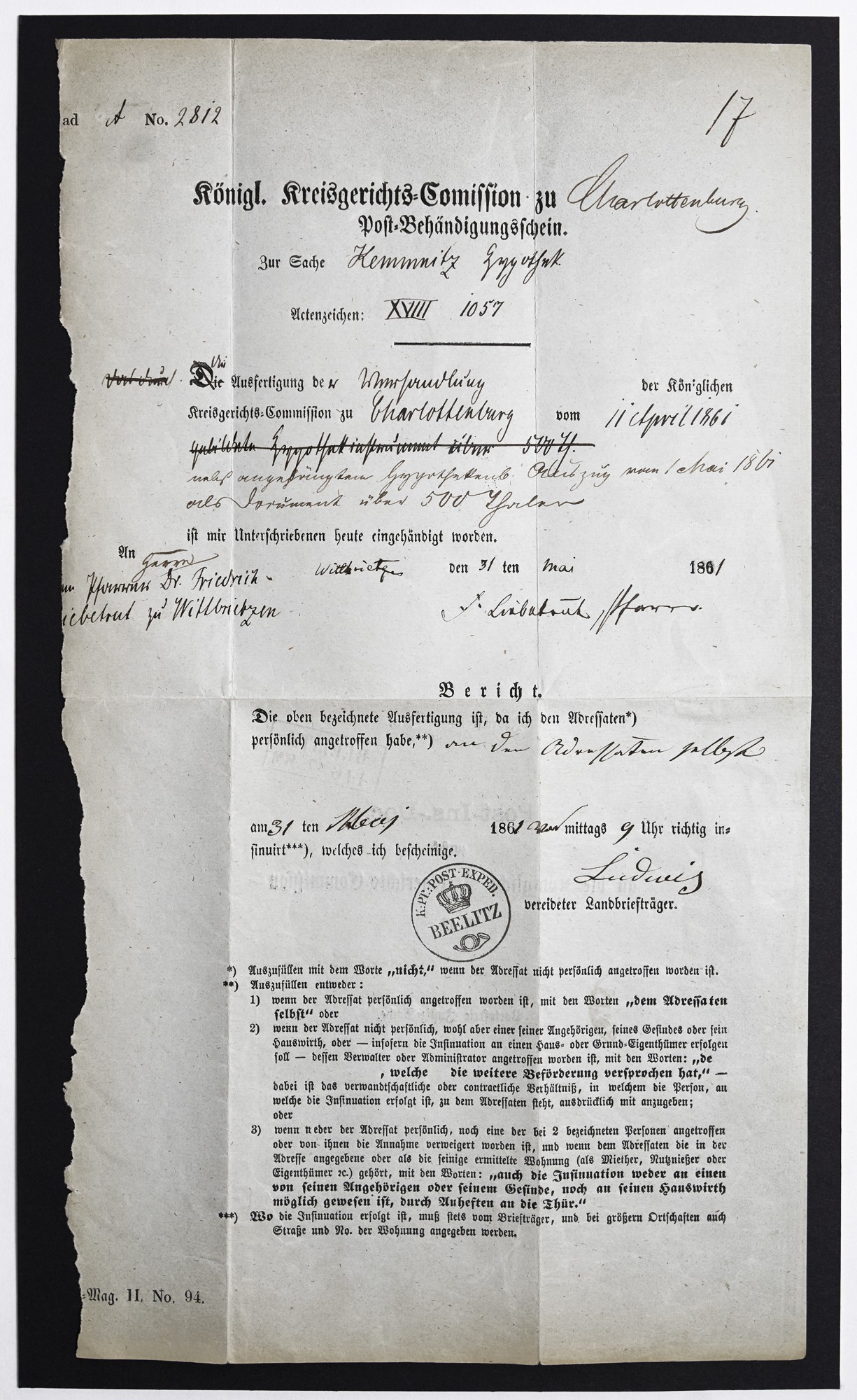 Post-Behändigungsschein, Postexpedition Beelitz (Alte Posthalterei - Museum Beelitz CC BY-NC-SA)