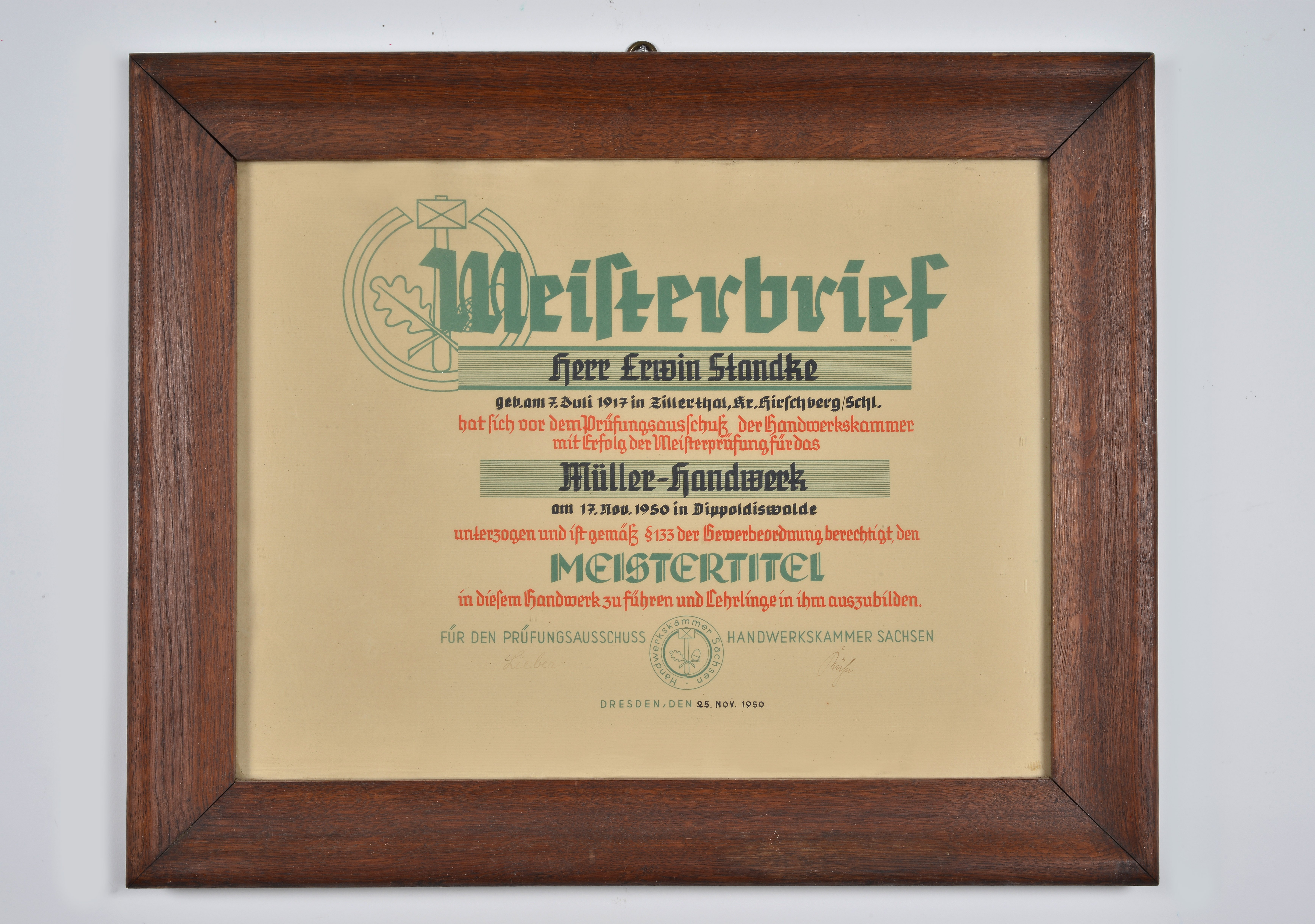 Meisterbrief von Erwin Standke, gerahmt (Museen Beelitz CC BY-NC-SA)