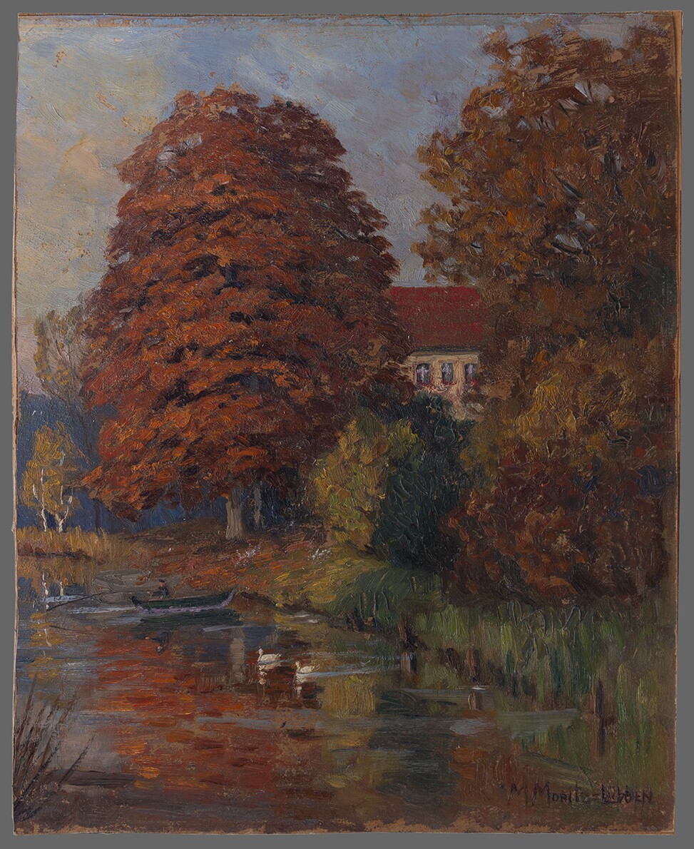Moritz, Marie Elisabeth: Herbststimmung am Fließ mit einem Angler (Stadt- und Regionalmuseum Lübben CC BY-NC)