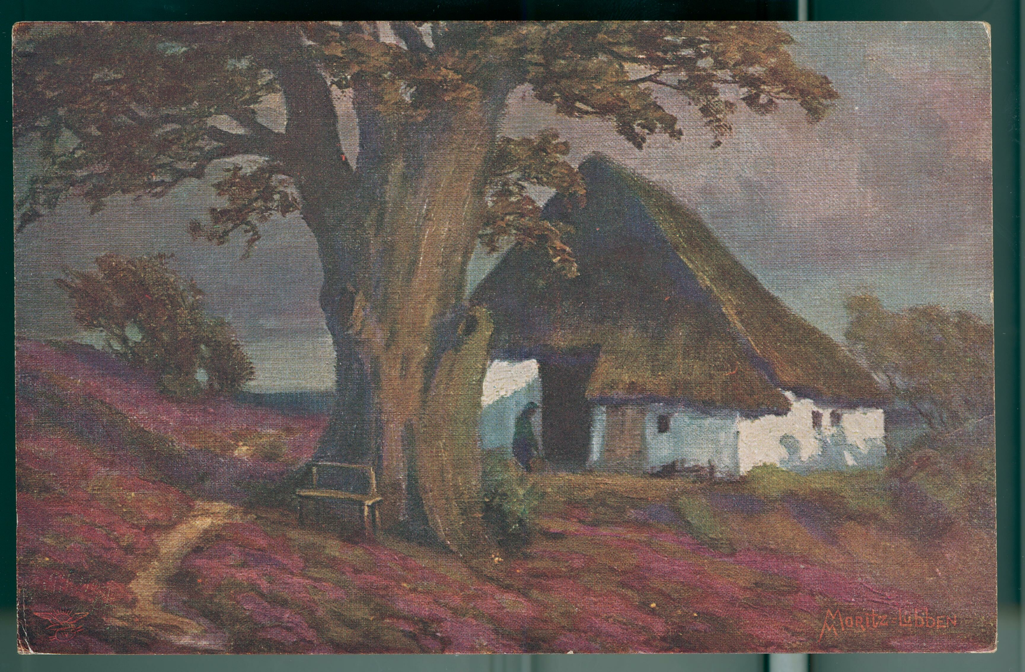 Moritz, Marie Elisabeth (Vorlage): Friesisches Bauernhaus in blühender Heide (Postkarte) (Stadt- und Regionalmuseum Lübben CC BY-NC)