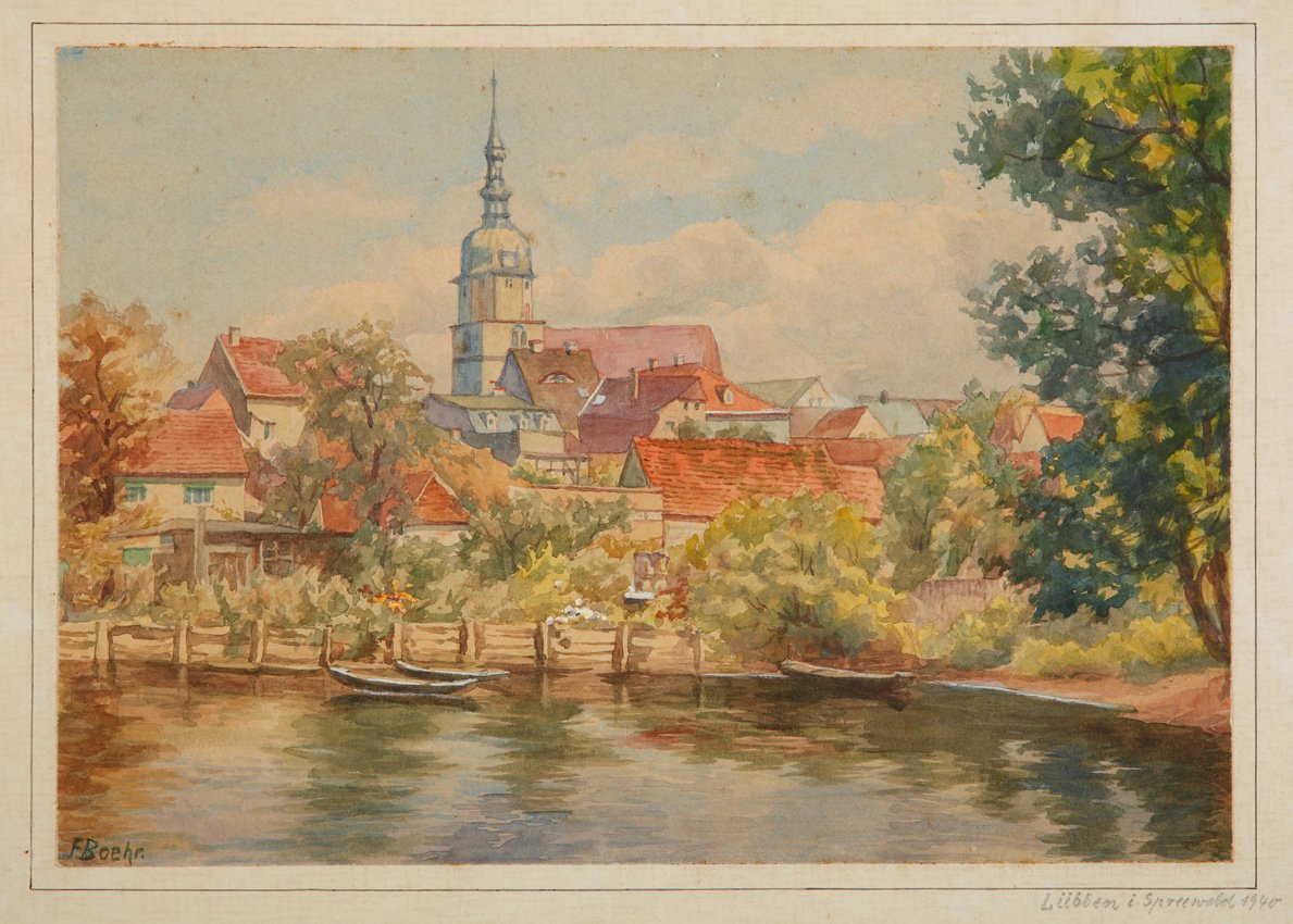 Frieda Boehr - Stadtansicht mit Kirchturm (Museum Schloss Lübben CC BY-NC-SA)