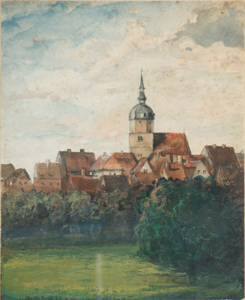 Robert Wilhelm Keller - Ansicht Lübben mit Paul-Gerhardt-Kirche / Hauptkirche, 1900 (Museum Schloss Lübben CC BY-NC-SA)