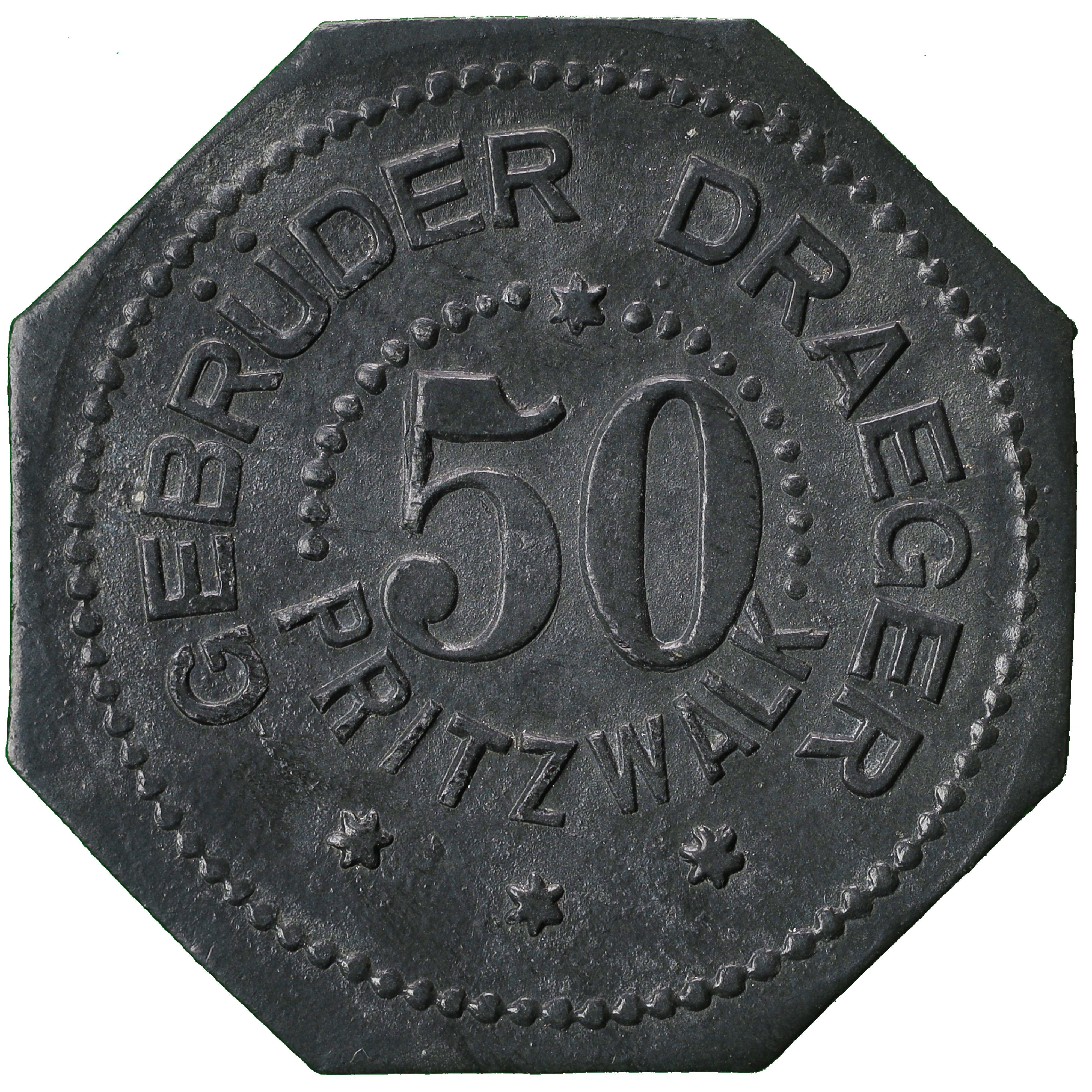 Kleingeldersatzmarke der Tuchfabrik Gebrüder Draeger (Museumsfabrik Pritzwalk CC BY-SA)