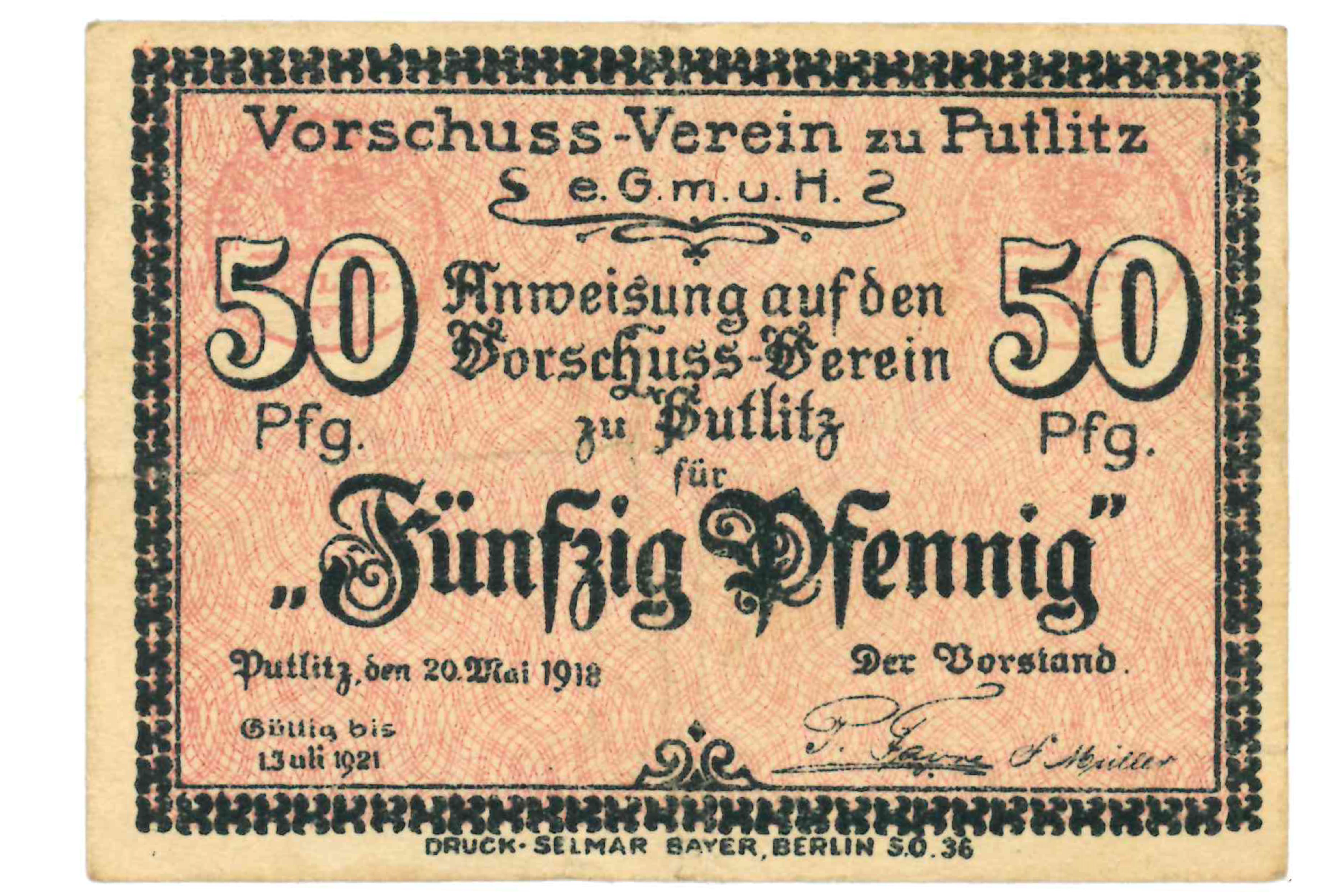 Gutschein des Vorschuss-Vereins zu Putlitz, 50 Pfennig (Museumsfabrik Pritzwalk CC BY-SA)