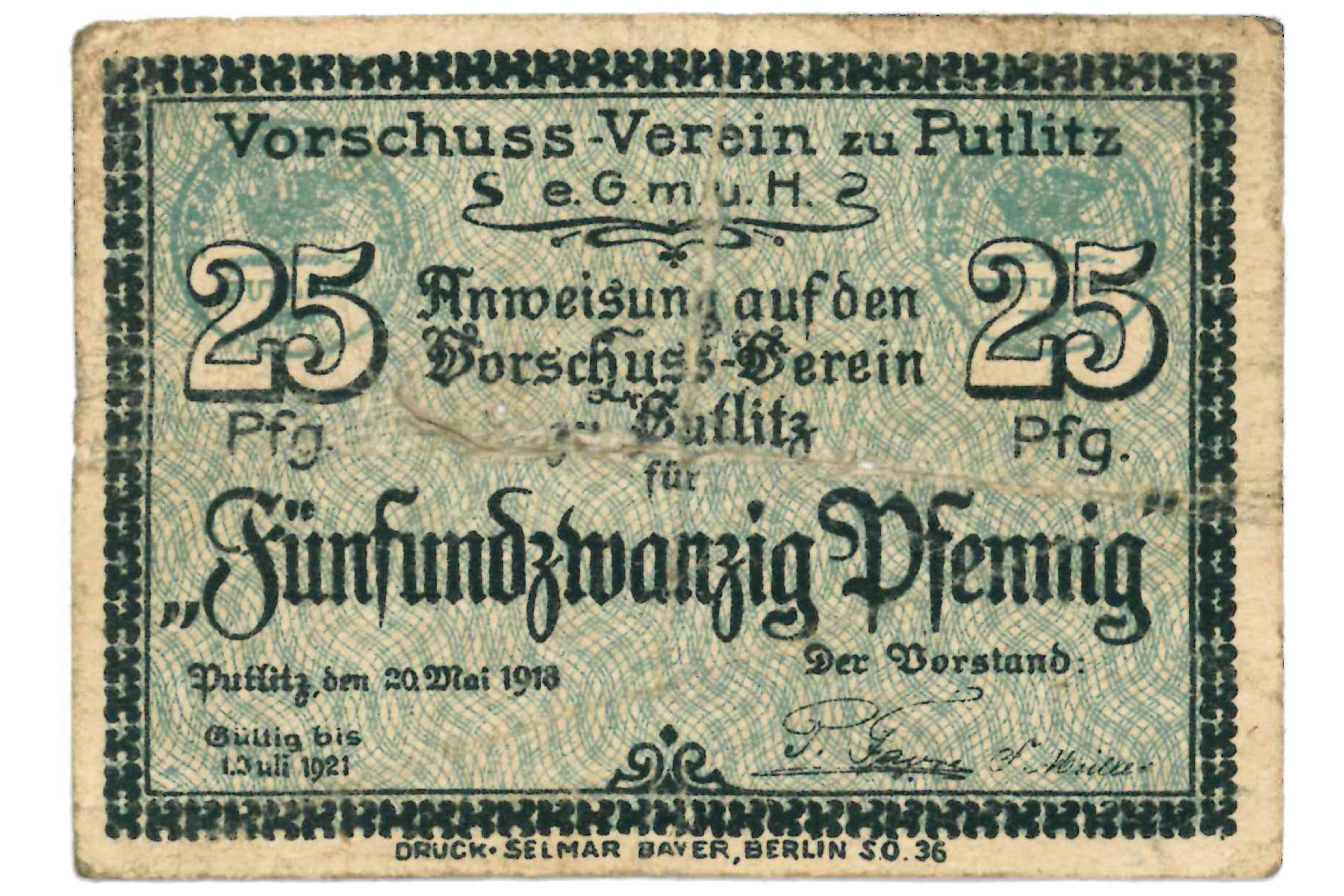 Gutschein des Vorschuss-Vereins zu Putlitz, 25 Pfennig (Museumsfabrik Pritzwalk CC BY-SA)