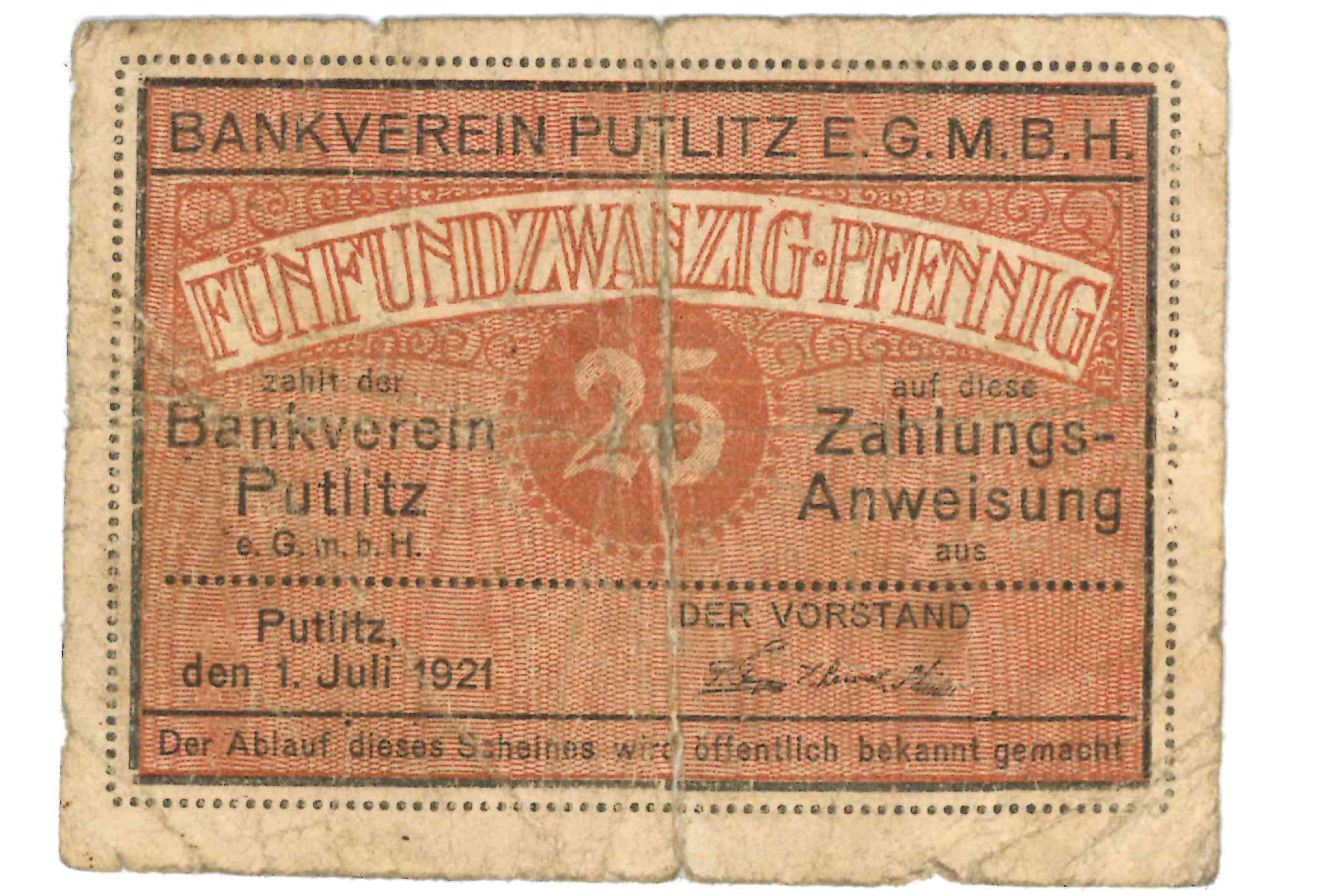 Gutschein des Bankvereins Putlitz über 25 Pfennig (Museumsfabrik Pritzwalk CC BY-SA)