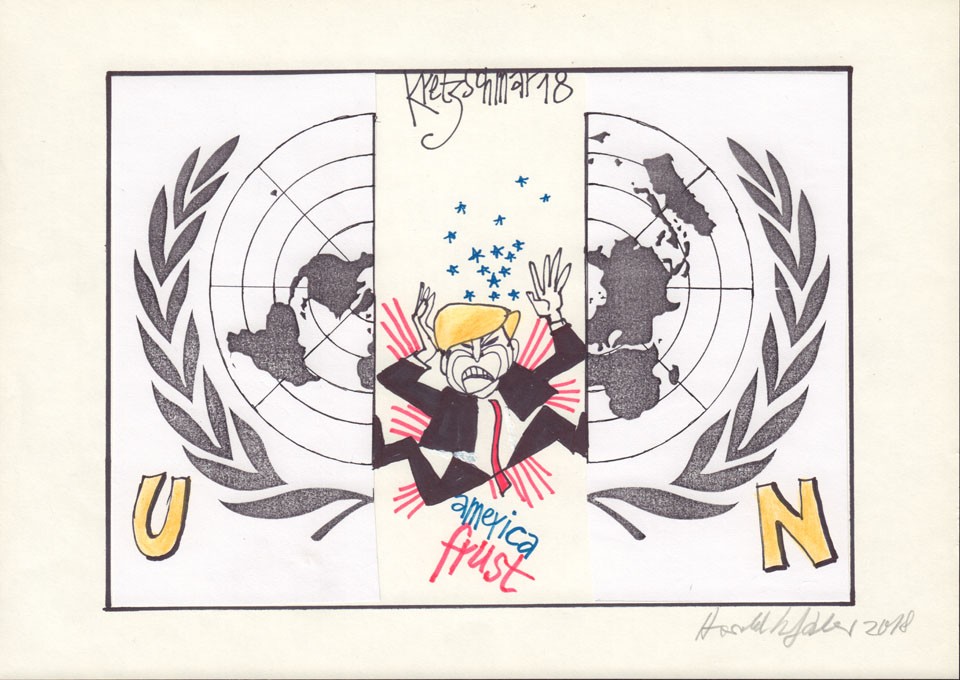 Harald Kretzschmar - UN und Trump (Stiftung Museen für Humor und Satire CC BY-NC-ND)