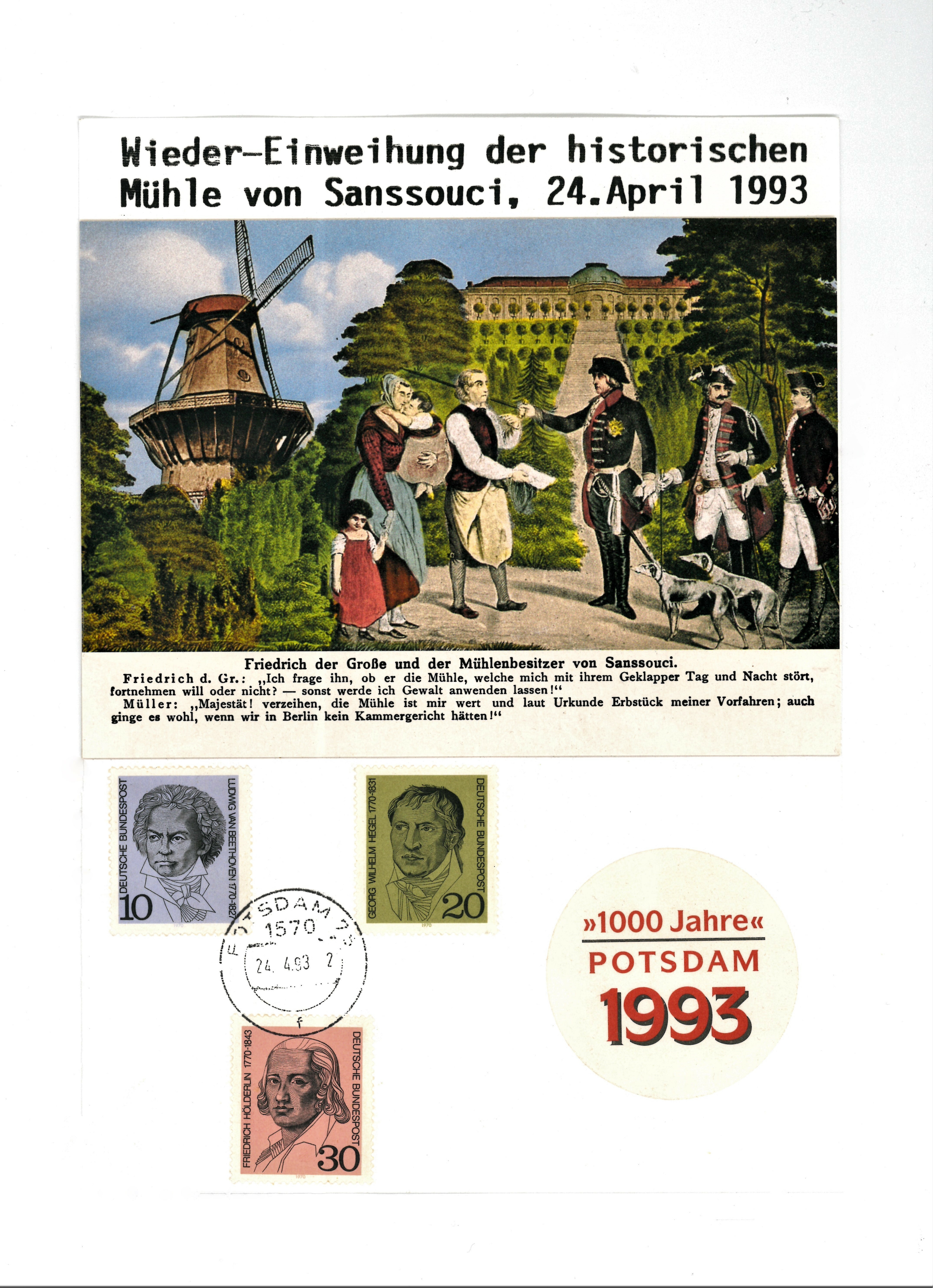 Postkarte mit Historischer MÜhle und Friedrich II. (Historische Mühle von Sanssouci CC BY-NC-SA)