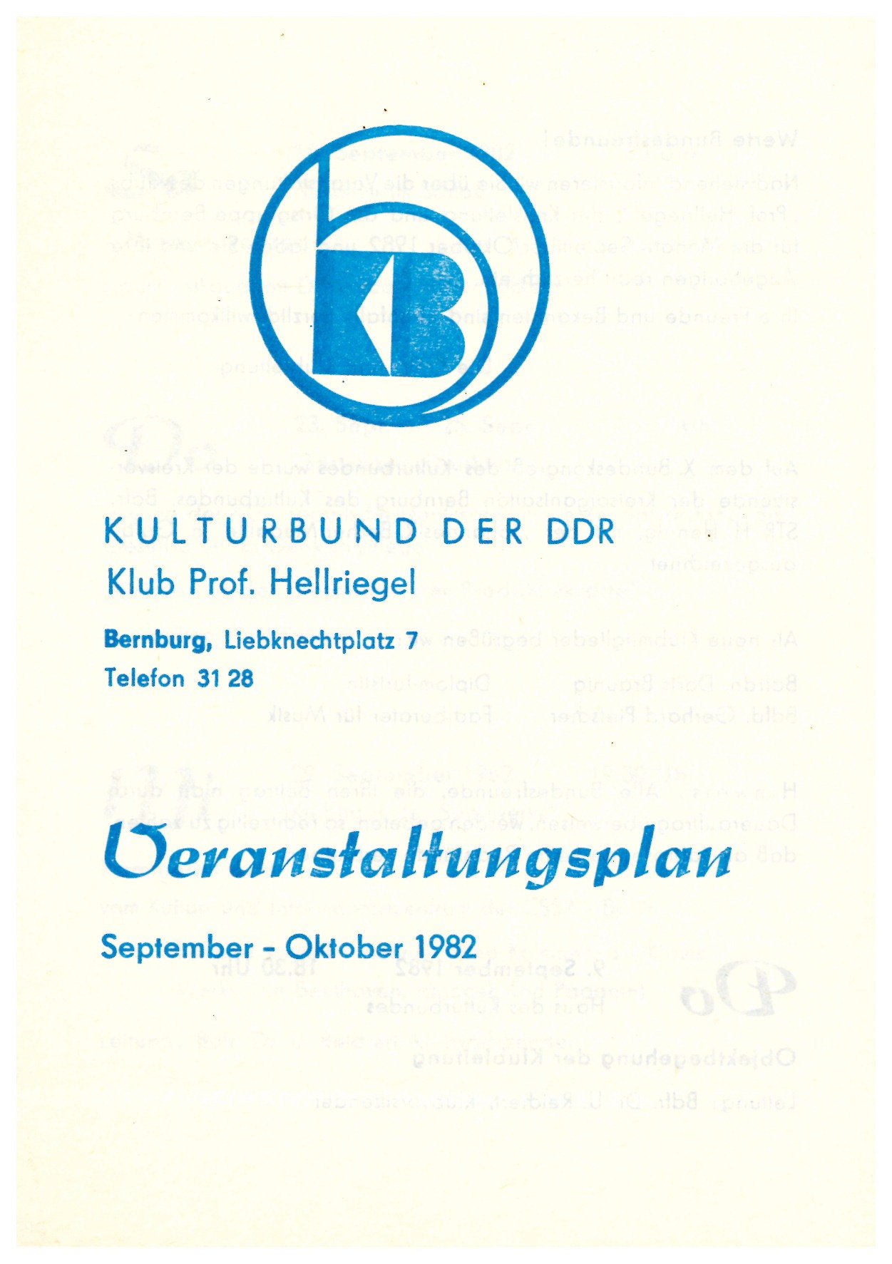 Veranstaltungsplan Kulturbund der DDR - Klub Prof. Hellriegel (Historische Mühle von Sanssouci CC BY-NC-SA)