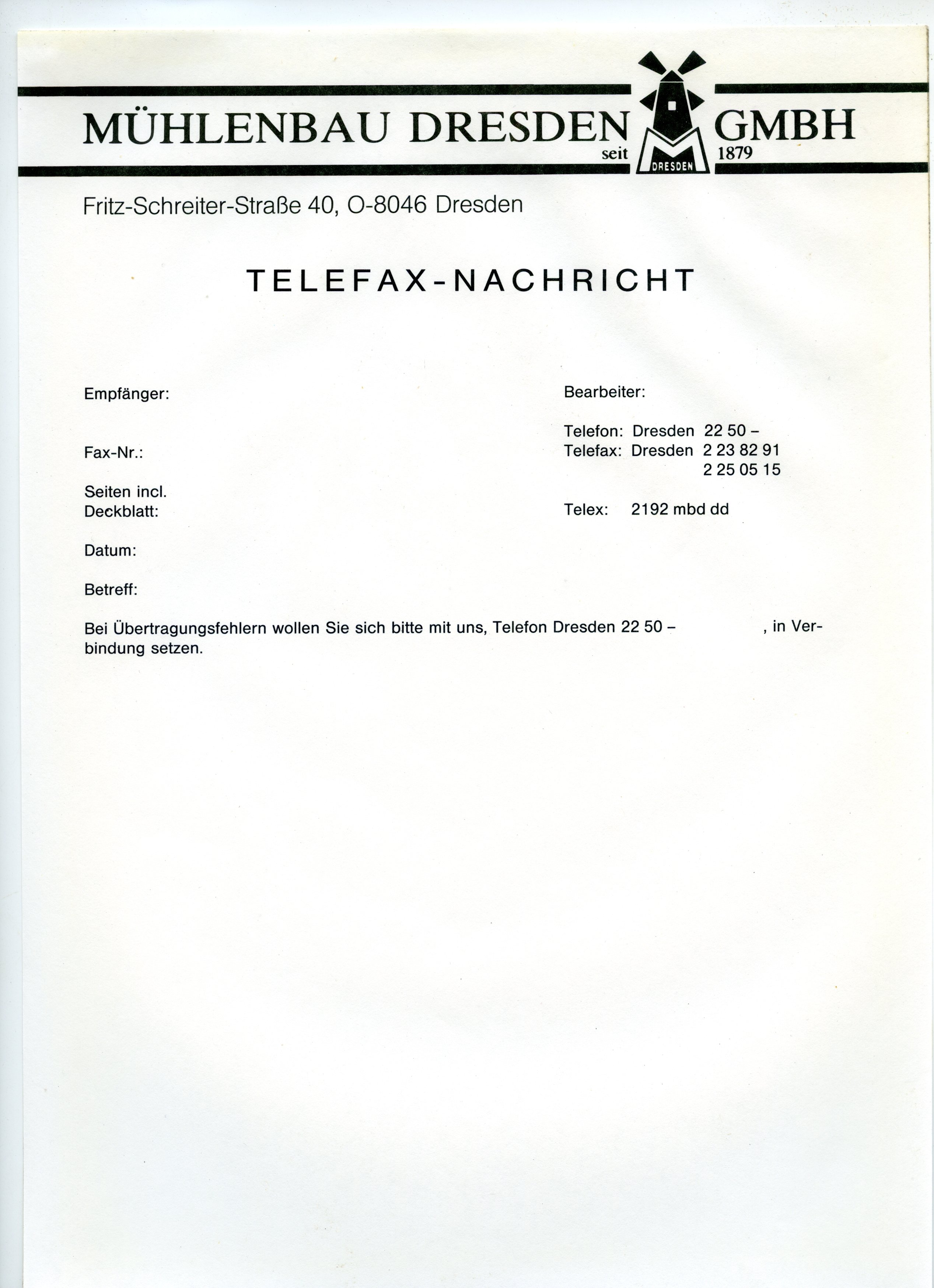 Briefkopf für Telefax-Nachrichten (Historische Mühle von Sanssouci CC BY-NC-SA)