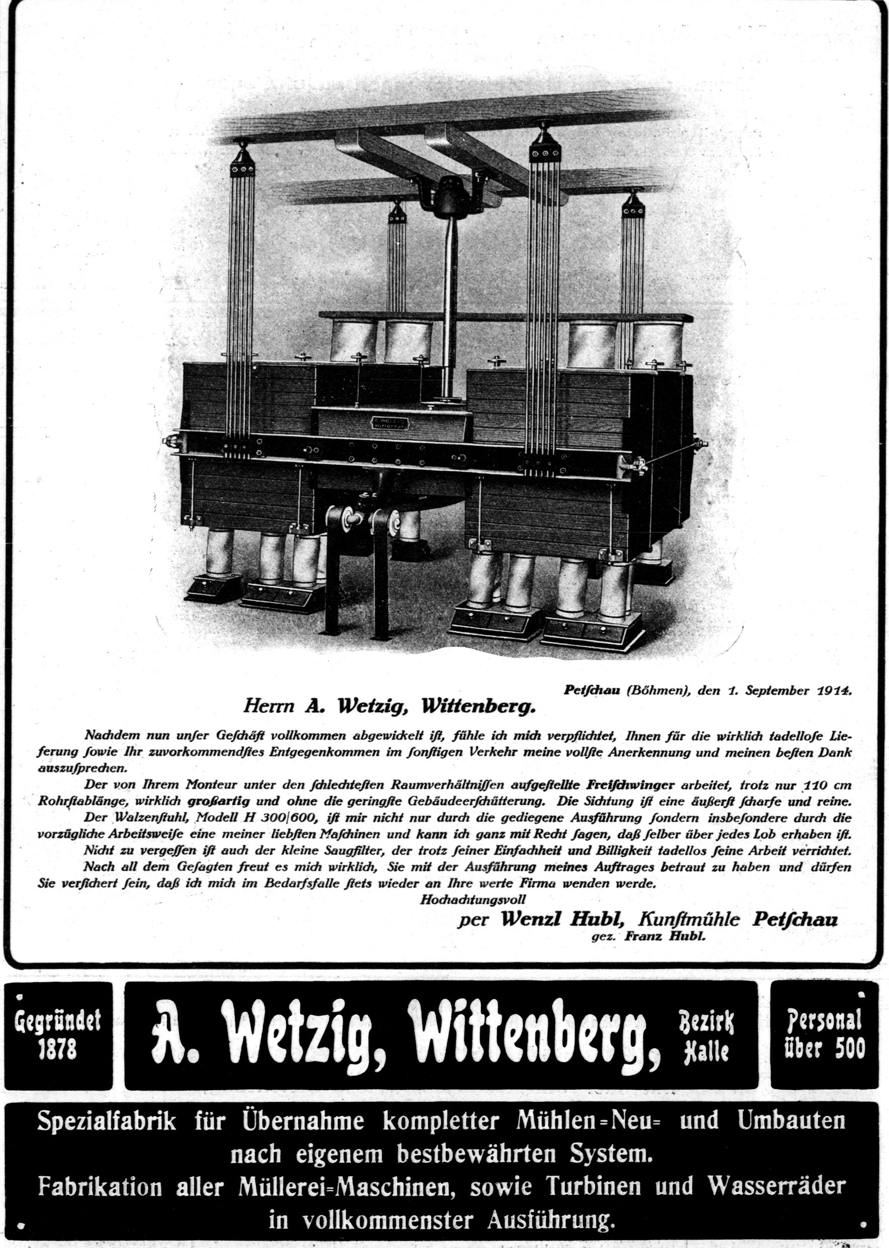Anzeige der Fa. A. Wetzig mit Dankesschreiben eines Mühleninhabers aus Petschau (Historische Mühle von Sanssouci CC BY-NC-SA)