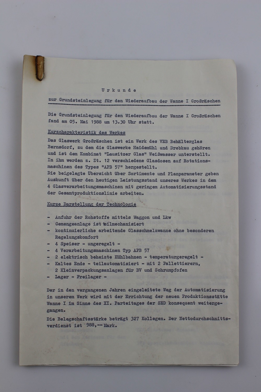Urkunde Grundstein Glaswanne Großräschen 1988 (Museum Baruther Glashütte CC BY-NC-SA)
