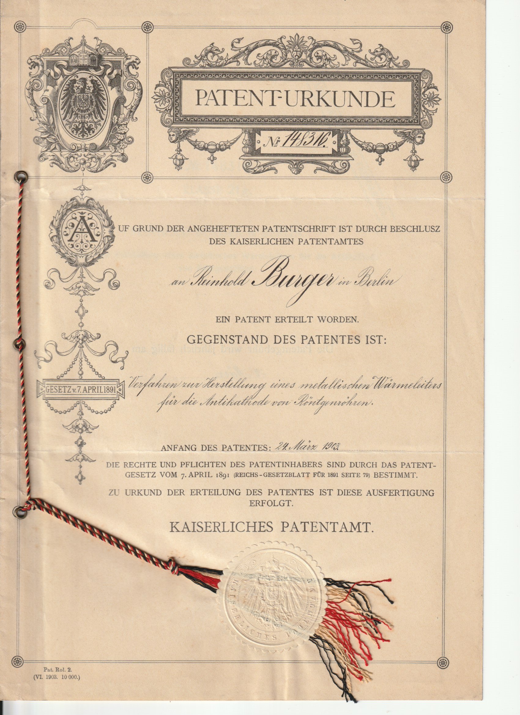 Patent Verfahren zur Herstellung eine metallischen Wärmeleiters Nr. 148316 (Museum Baruther Glashütte CC BY-NC-SA)