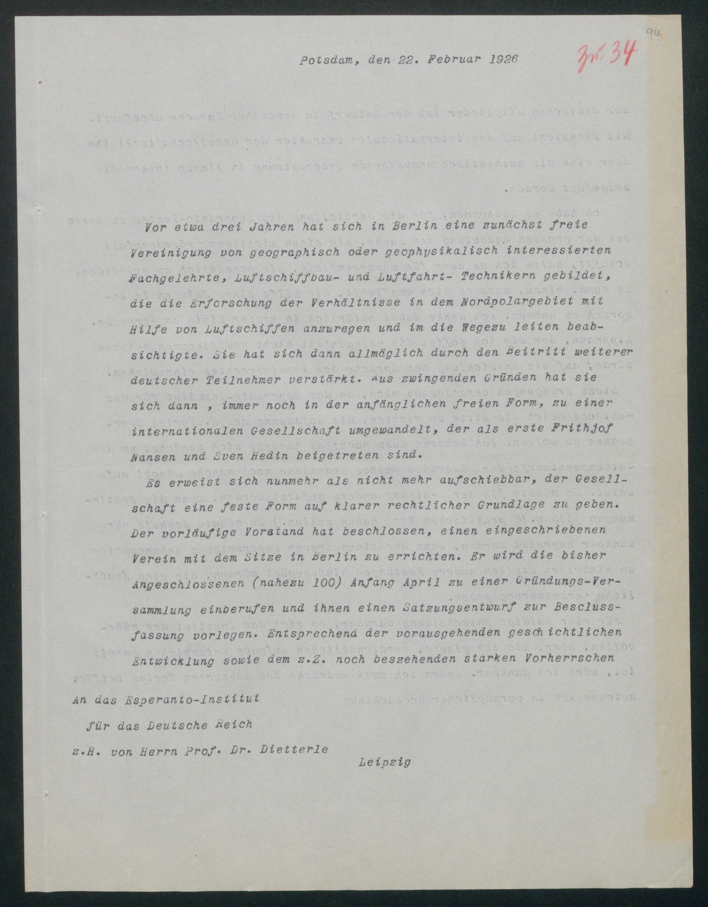 Anschreiben an die Esperanto-Gesellschaft des Deutschen Reiches (Wettermuseum CC BY-NC-SA)