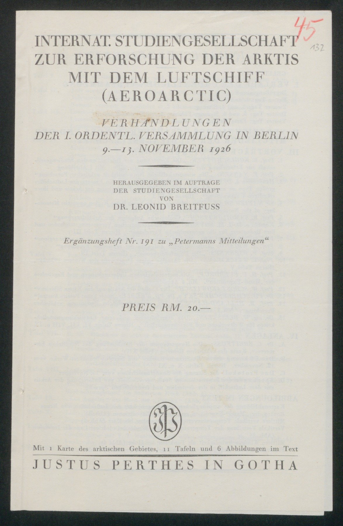 Dokument 45: Verhandlungen der 1. Ordentlichen Versammlung 1926 / Inhaltsverzeichnis und Geleitwort (Wettermuseum CC BY-NC-SA)