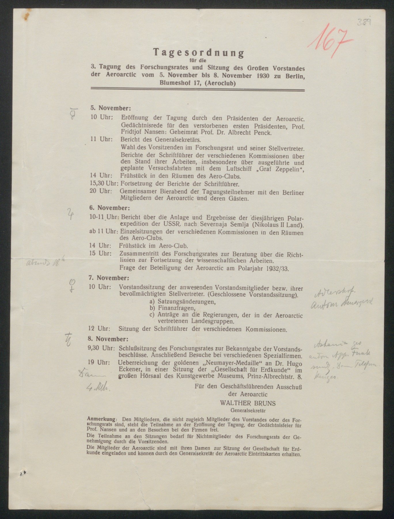Dokument 167: Tagesordnung 3. Tagung des Forschungsrates der Aeroarctic, 1930 (Wettermuseum CC BY-NC-SA)