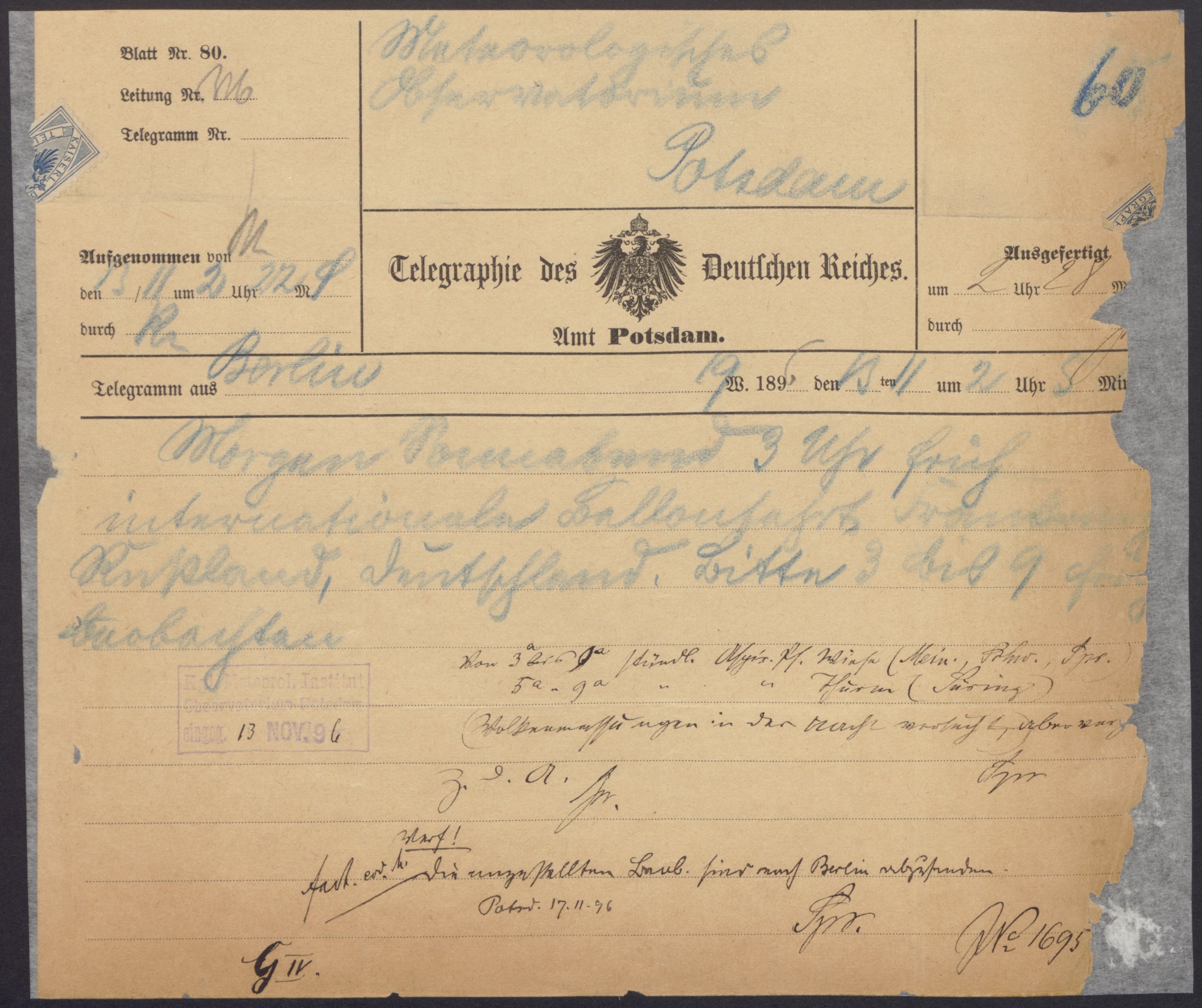 Telegramm an MMOP (Wettermuseum CC BY-NC-SA)