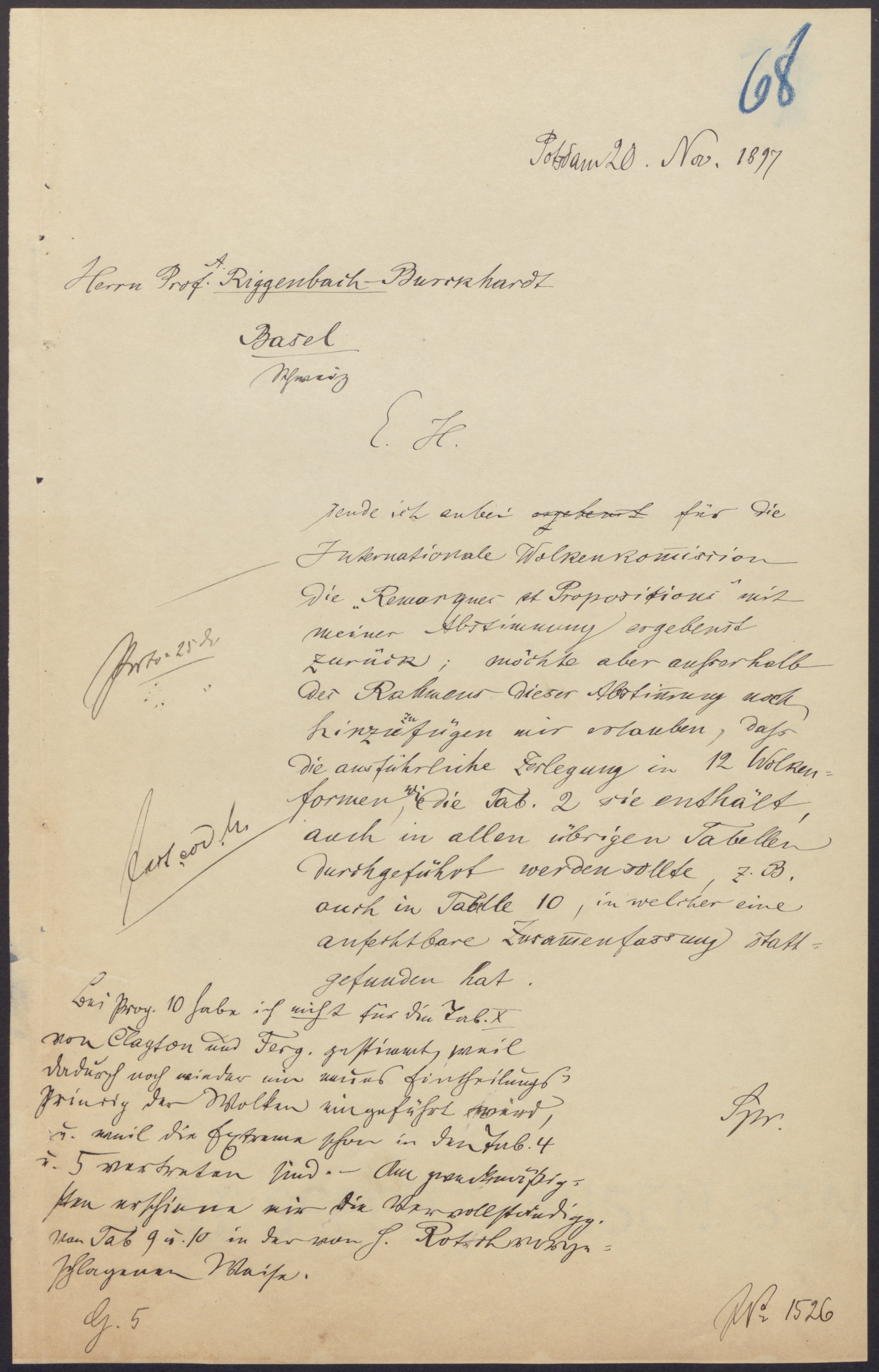 Entwurf für Brief an Prof. Riggenbach-Burckhardt in Basel (Wettermuseum CC BY-NC-SA)
