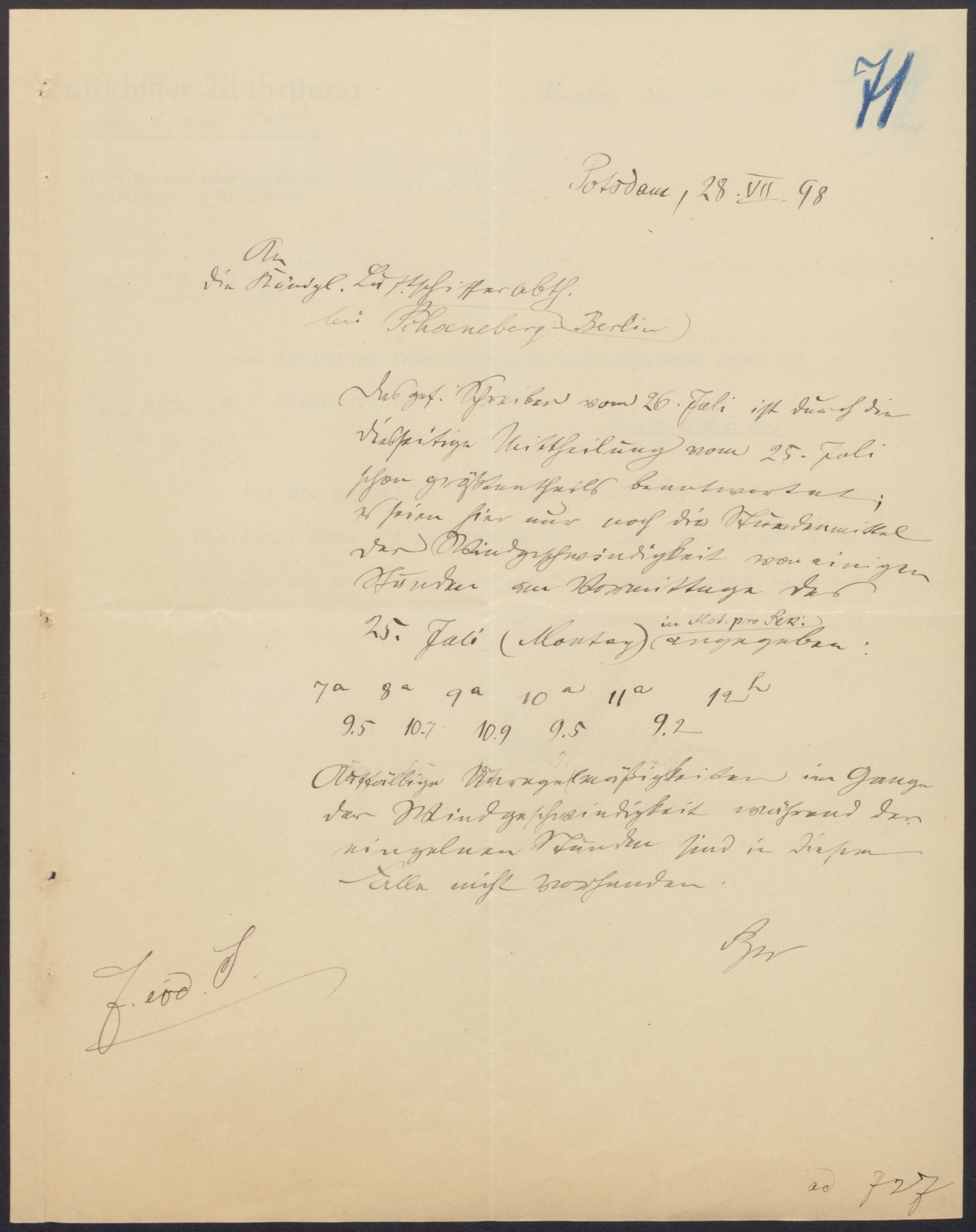 Antwort von Prof. Sprung auf Frage vom 25.7.1898 (Wettermuseum CC BY-NC-SA)