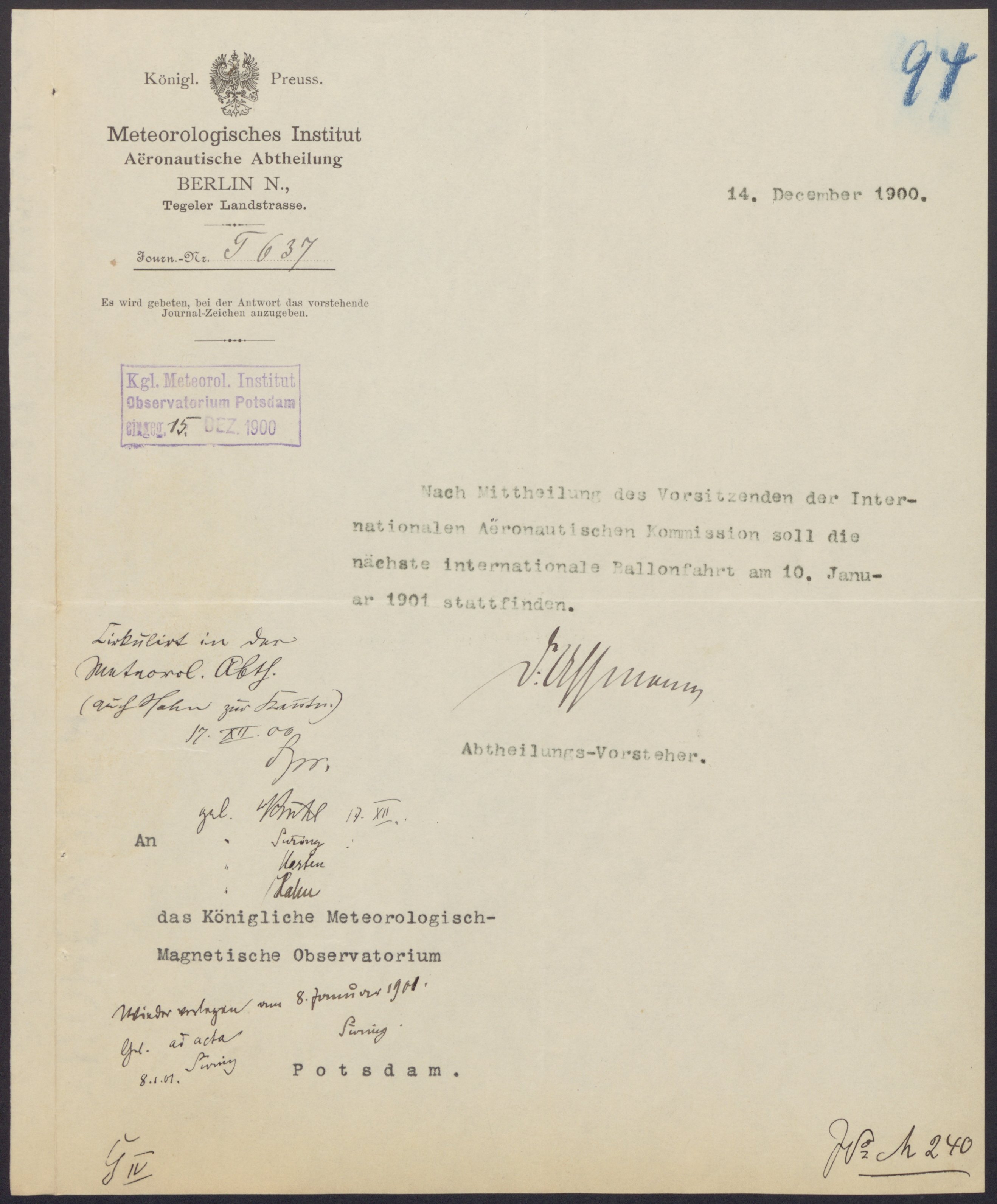Brief von Prof. R. Assmann (Wettermuseum CC BY-NC-SA)