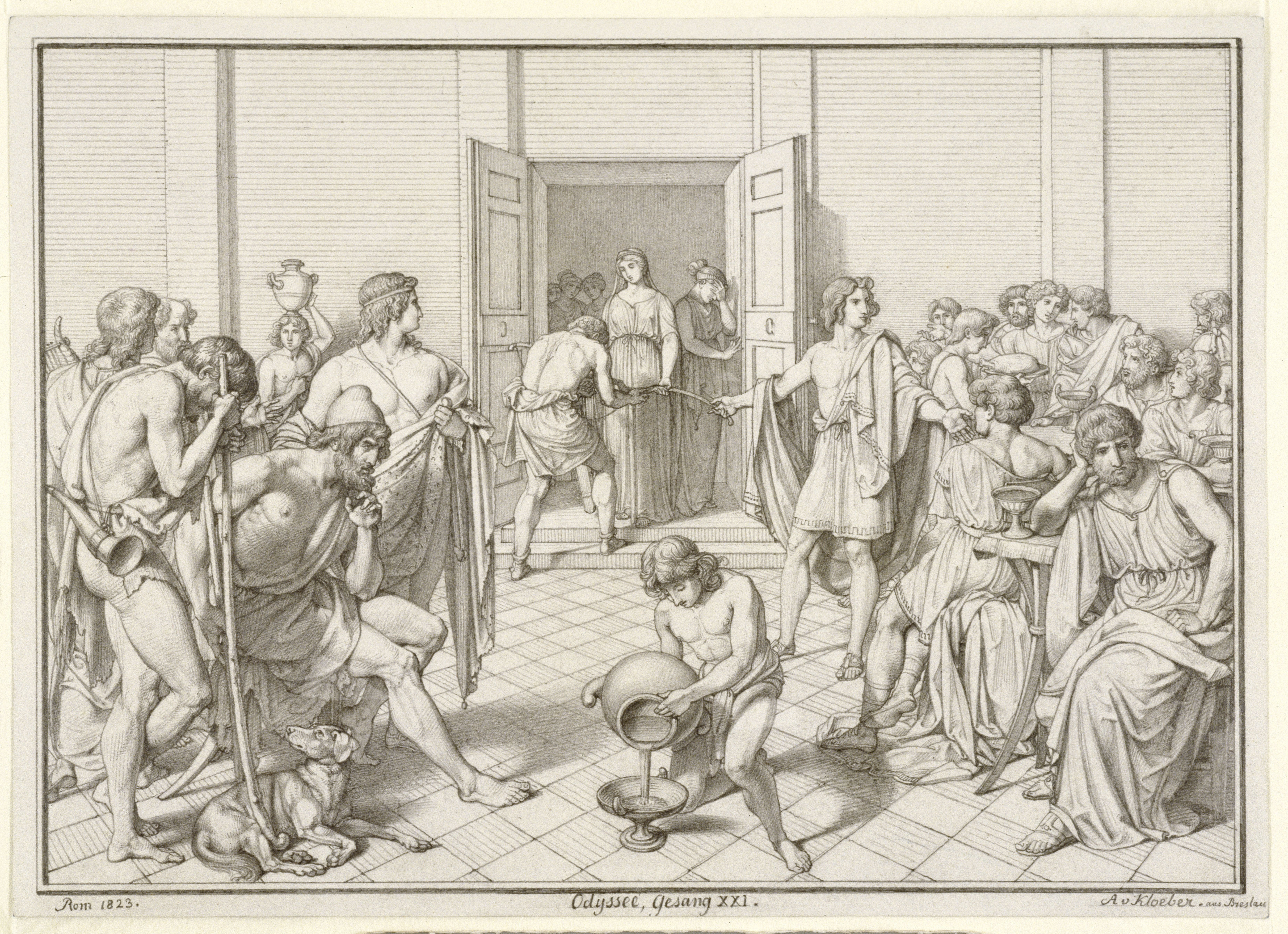 Kloeber, August von: Penelope bringt den Freiern den Bogen des Odysseus, 1823, SPSG, GK II (5) 1752. (Stiftung Preußische Schlösser und Gärten Berlin-Brandenburg CC BY-NC-SA)