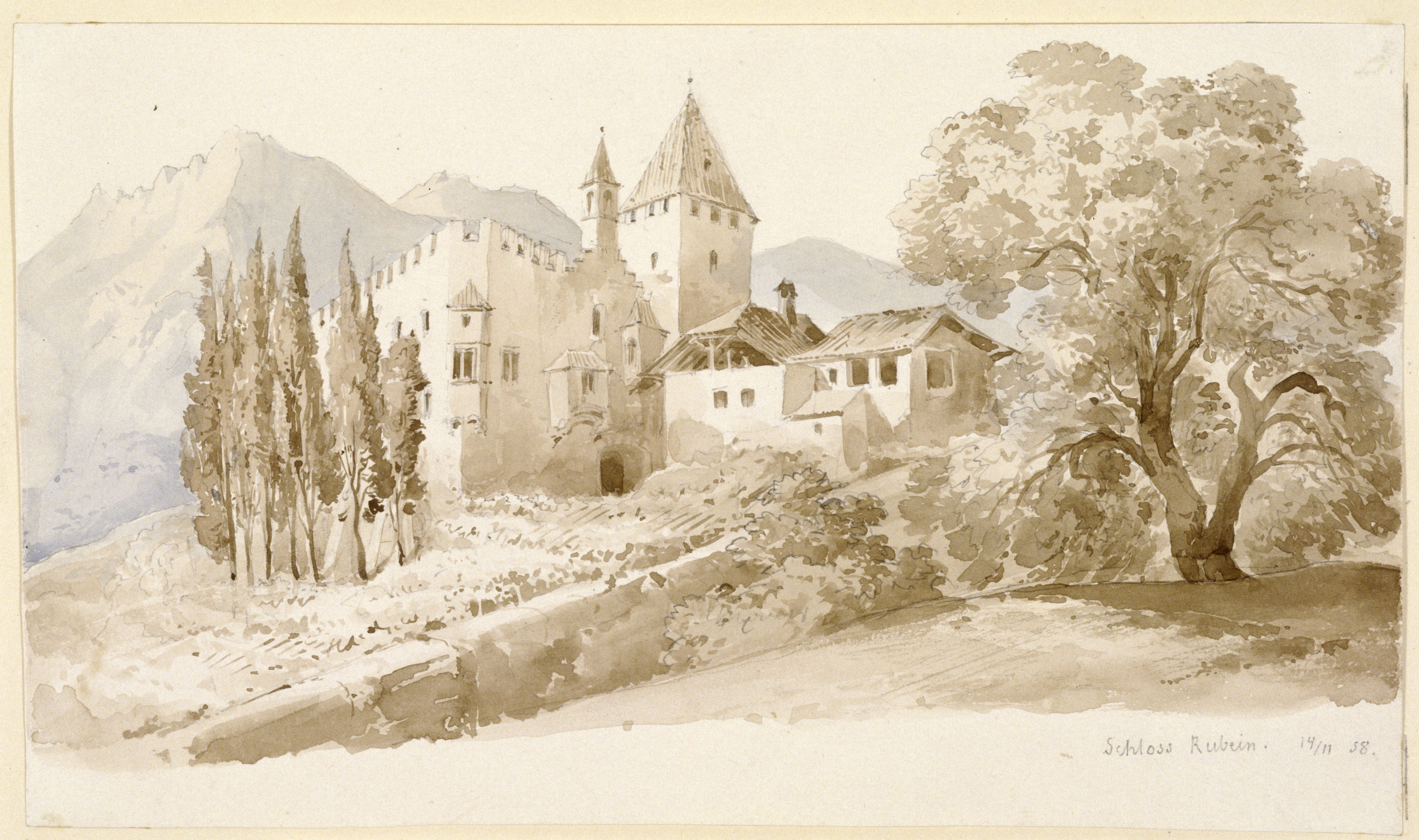 Stüler, Friedrich August: Schloss Rubein in Meran, 1858, SPSG, GK II (5) 3342. (Stiftung Preußische Schlösser und Gärten Berlin-Brandenburg CC BY-NC-SA)