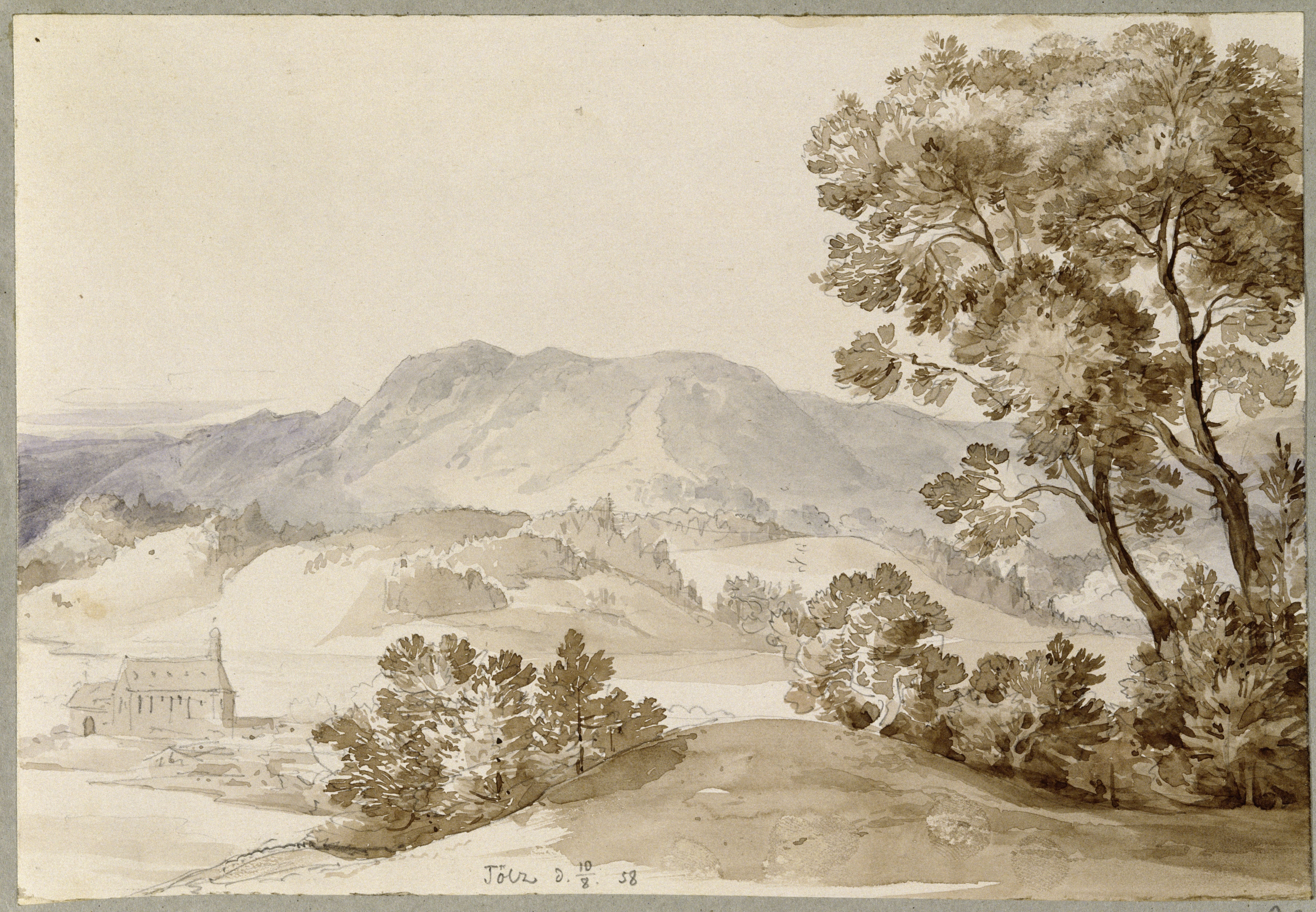 Stüler, Friedrich August: Alpenpanorama bei Bad Tölz, 1858, SPSG, GK II (5) 3313. (Stiftung Preußische Schlösser und Gärten Berlin-Brandenburg CC BY-NC-SA)