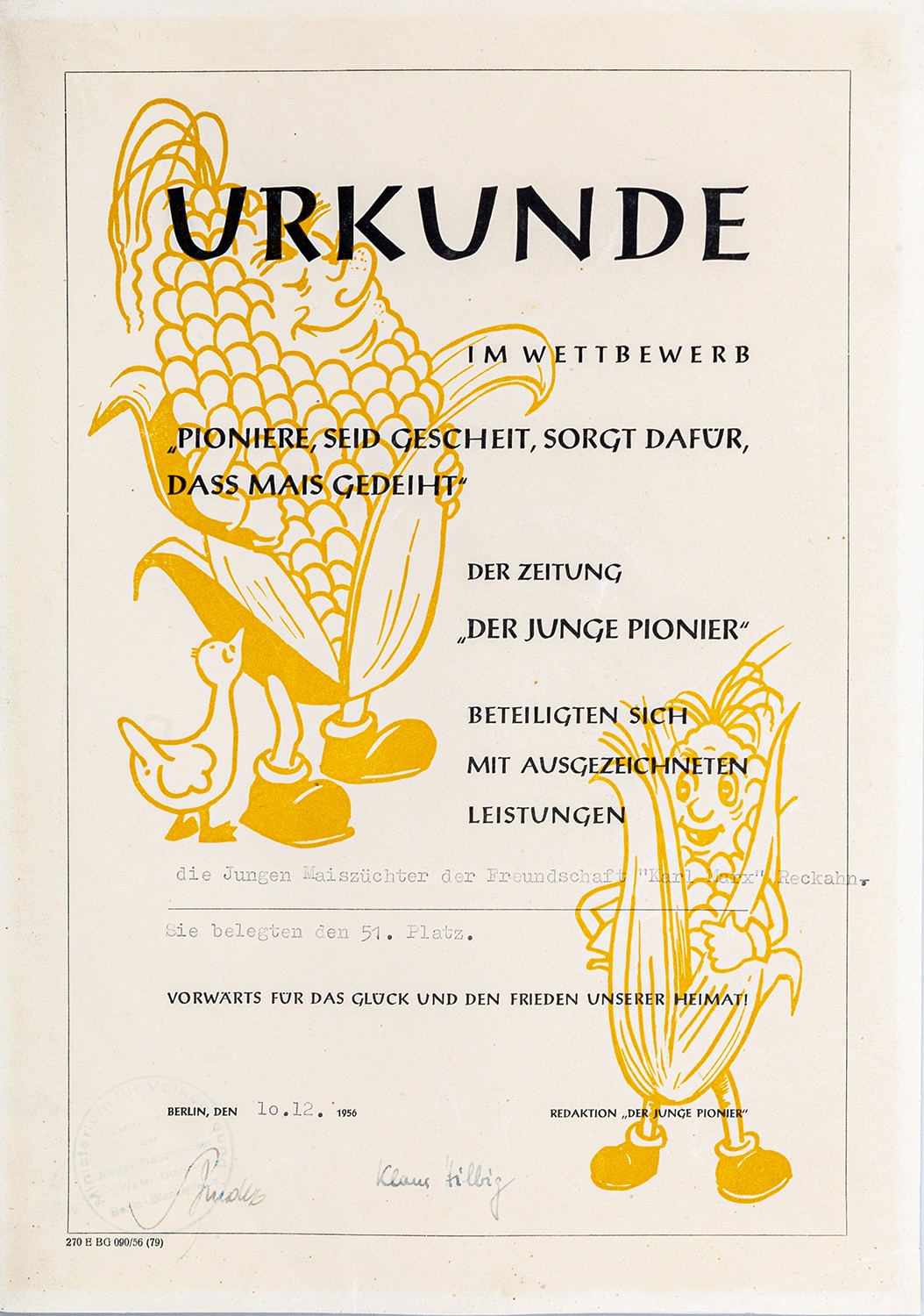 Urkunde "Maisanbau" der jungen Maiszüchter der Reckahner Schule (Schulmuseum Reckahn CC BY-NC-SA)