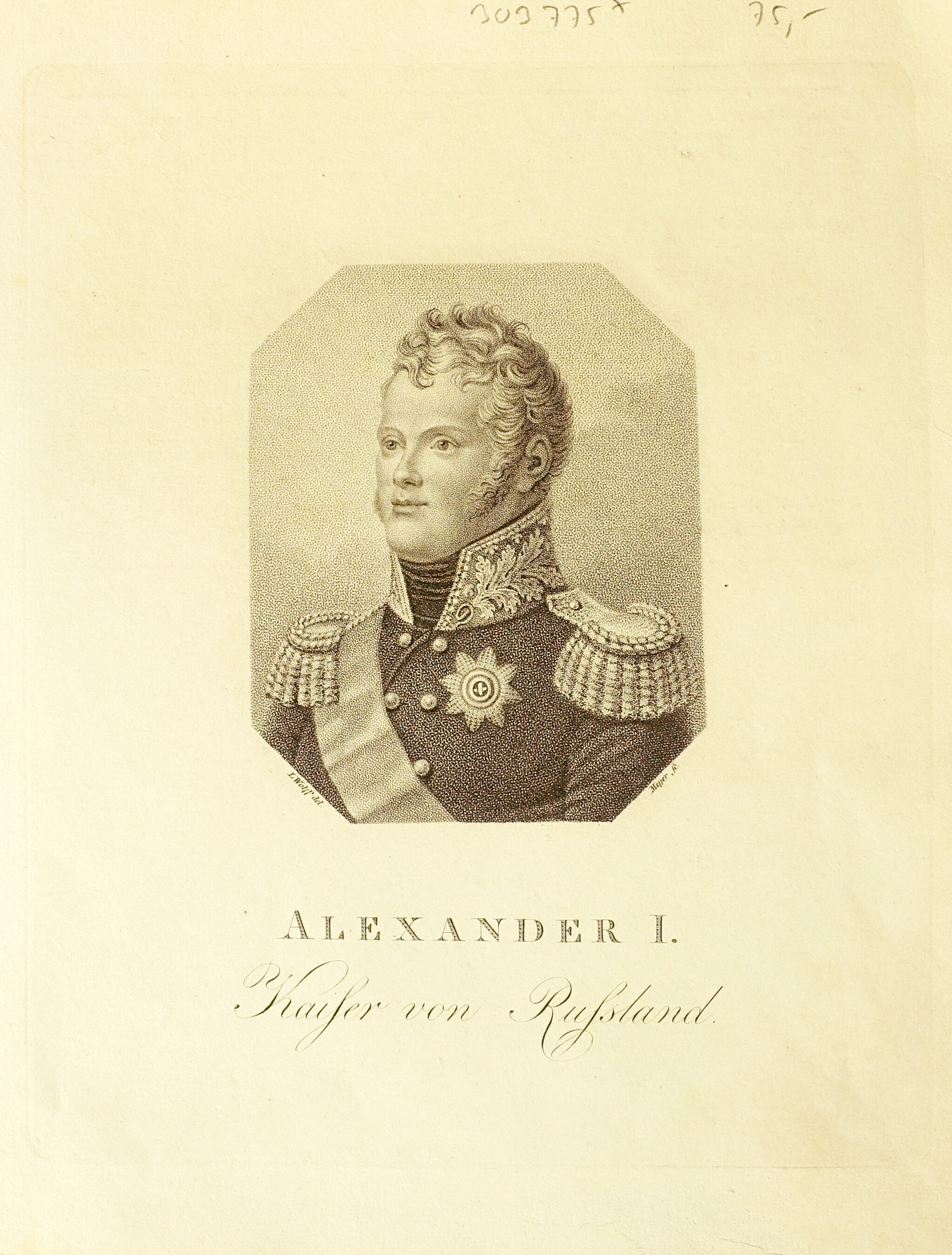 Alexander I., Zar von Russland (1777 - 1825). Brustbild nach halblinks in Uniform im abgekanteten Rechteck (Museum Alexandrowka CC BY-NC-SA)