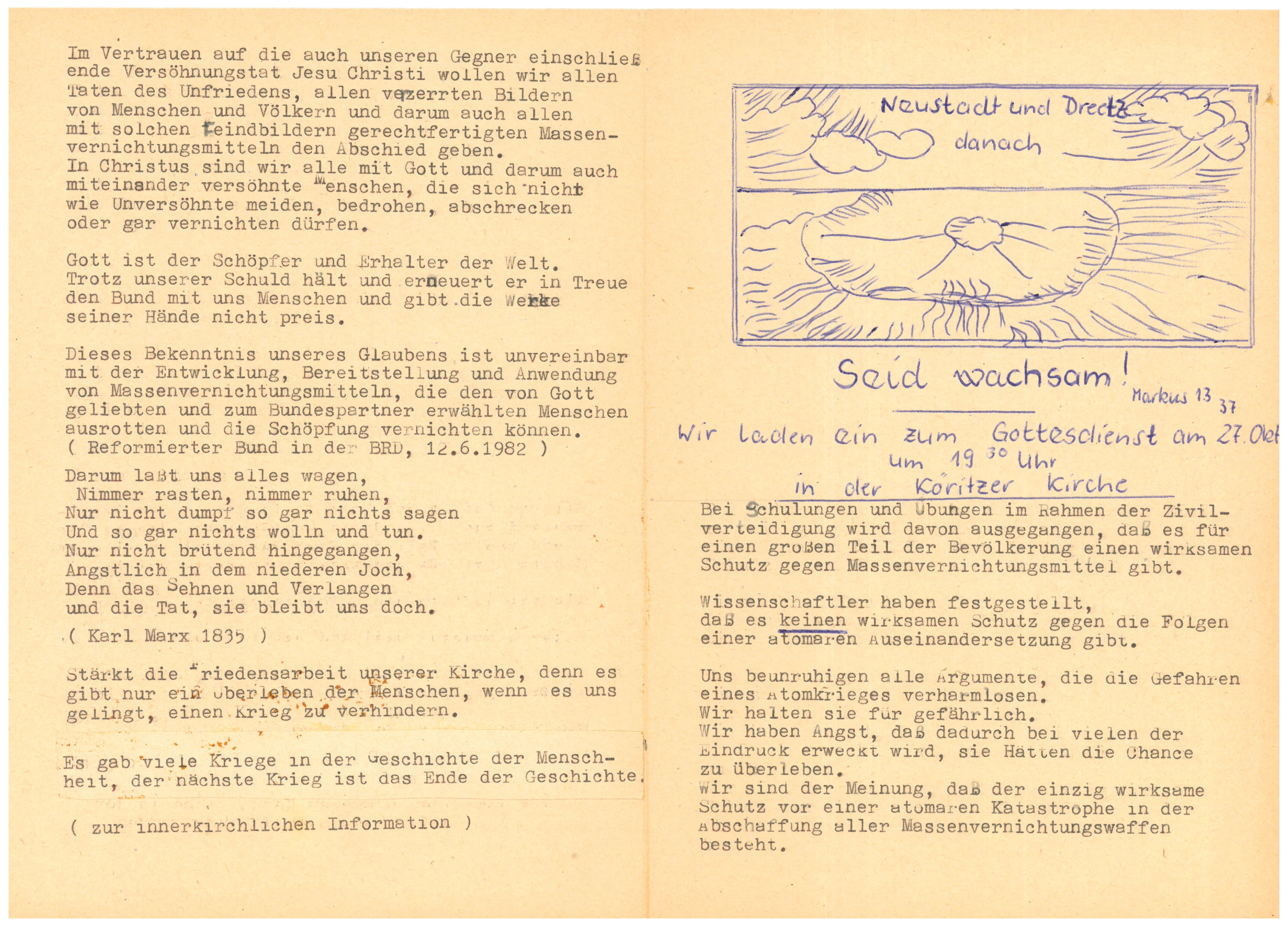 "Seid wachsam!": Einladung zum Gottesdienst am 27.10.1983 in der Köritzer Kirche (DDR Geschichtsmuseum im Dokumentationszentrum Perleberg CC BY-SA)