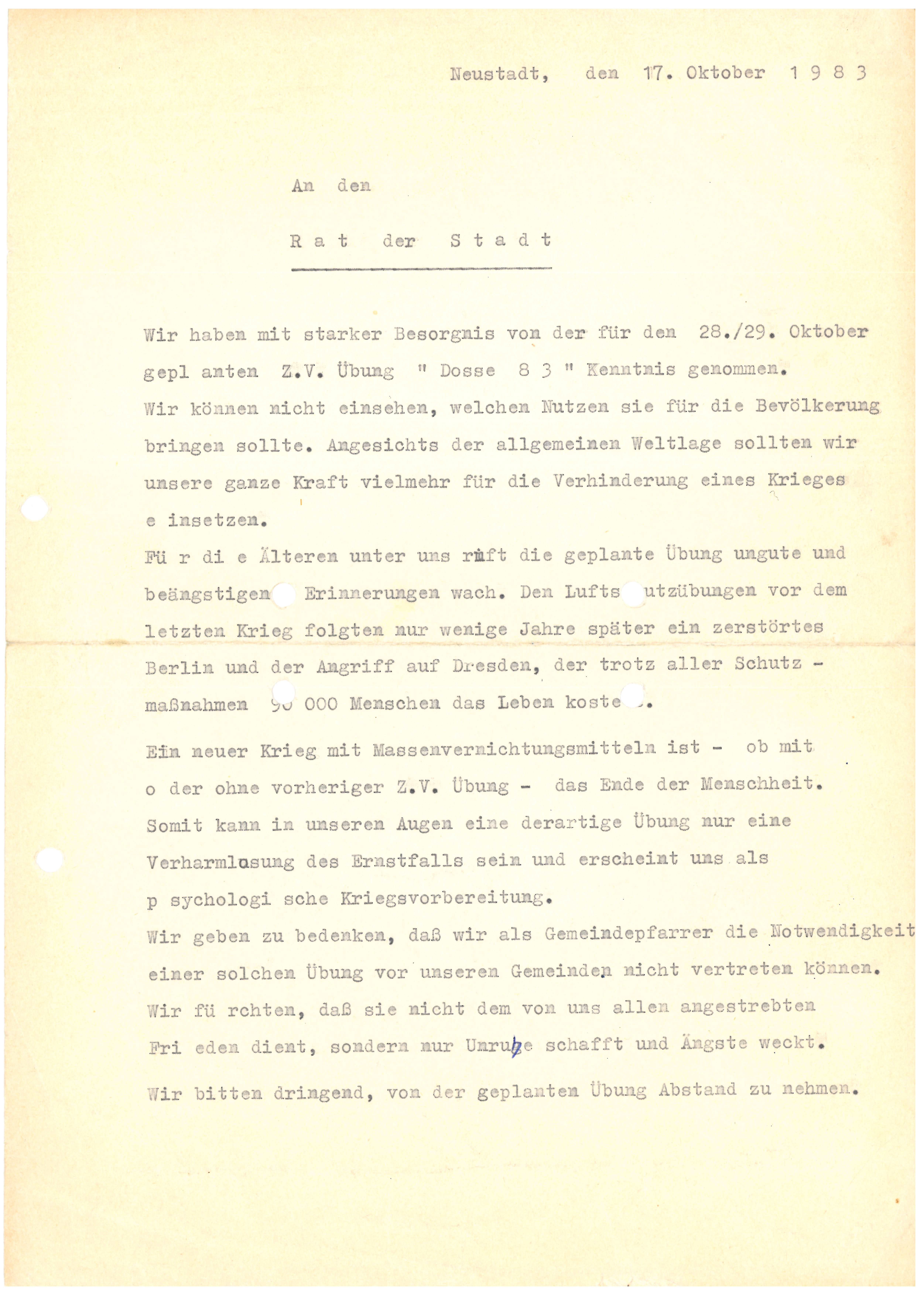 Brief von Hans-Peter Freimark an den Rat der Stadt Neustadt (DDR Geschichtsmuseum im Dokumentationszentrum Perleberg CC BY-SA)