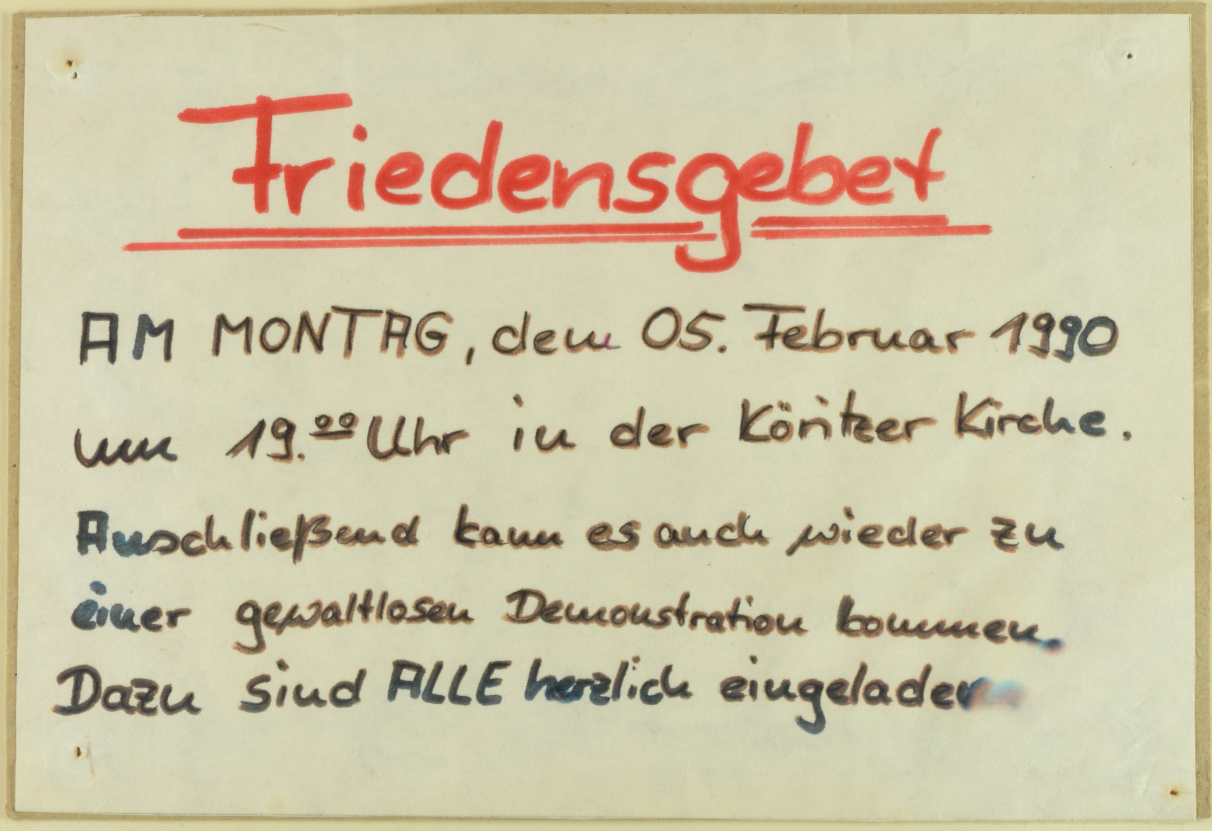 Einladung zum Friedensgebet in der Köritzer Kirche am 5. Februar 1990 (DDR Geschichtsmuseum im Dokumentationszentrum Perleberg CC BY-SA)