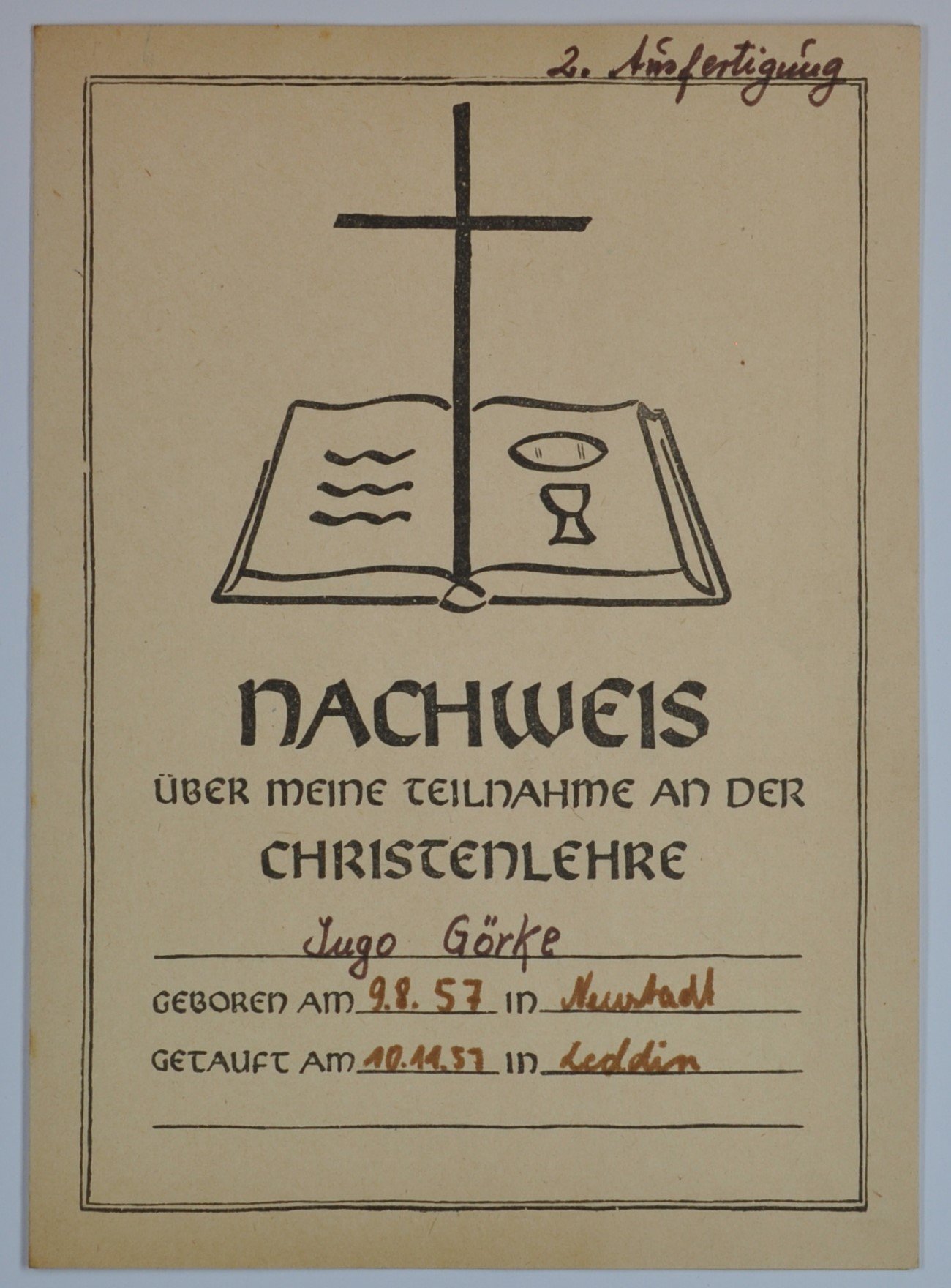 Zeugnis "Nachweis über meine Teilnahme an der Christenlehre" von Ingo Görke (DDR Geschichtsmuseum im Dokumentationszentrum Perleberg CC BY-SA)