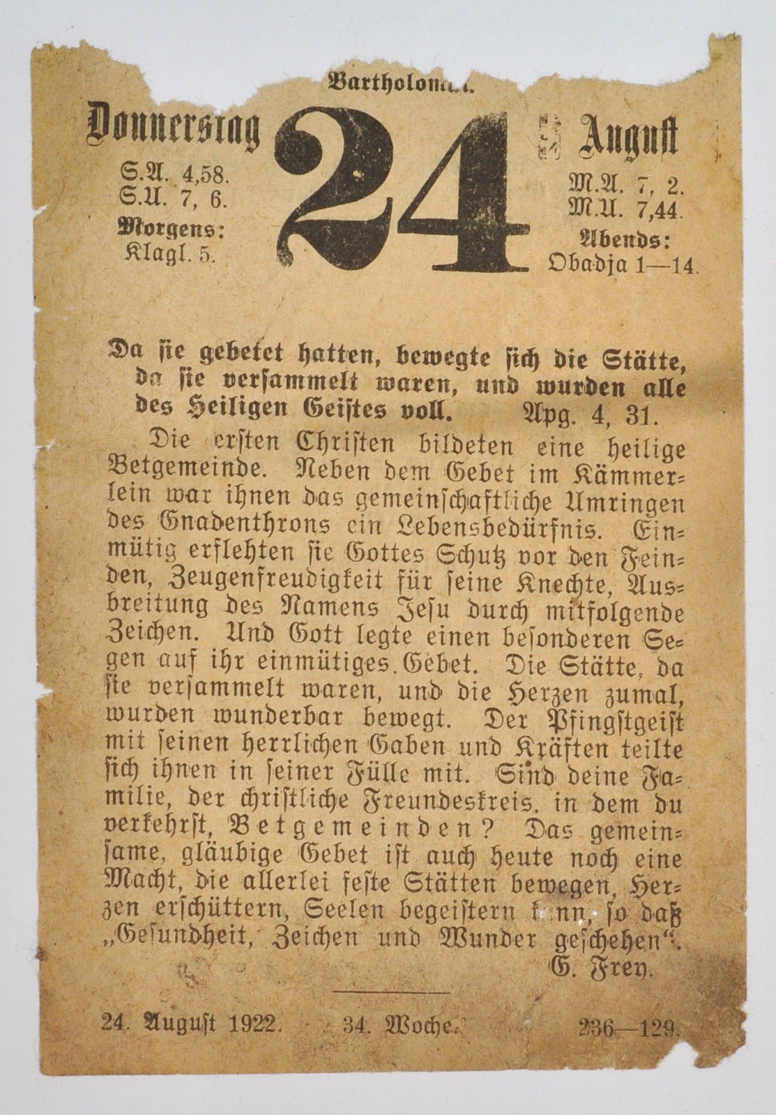 Fragment eines Kalenderblattes, aus: Der Familienfreund, Bartholomäustag 1922 (DDR Geschichtsmuseum im Dokumentationszentrum Perleberg CC BY-SA)